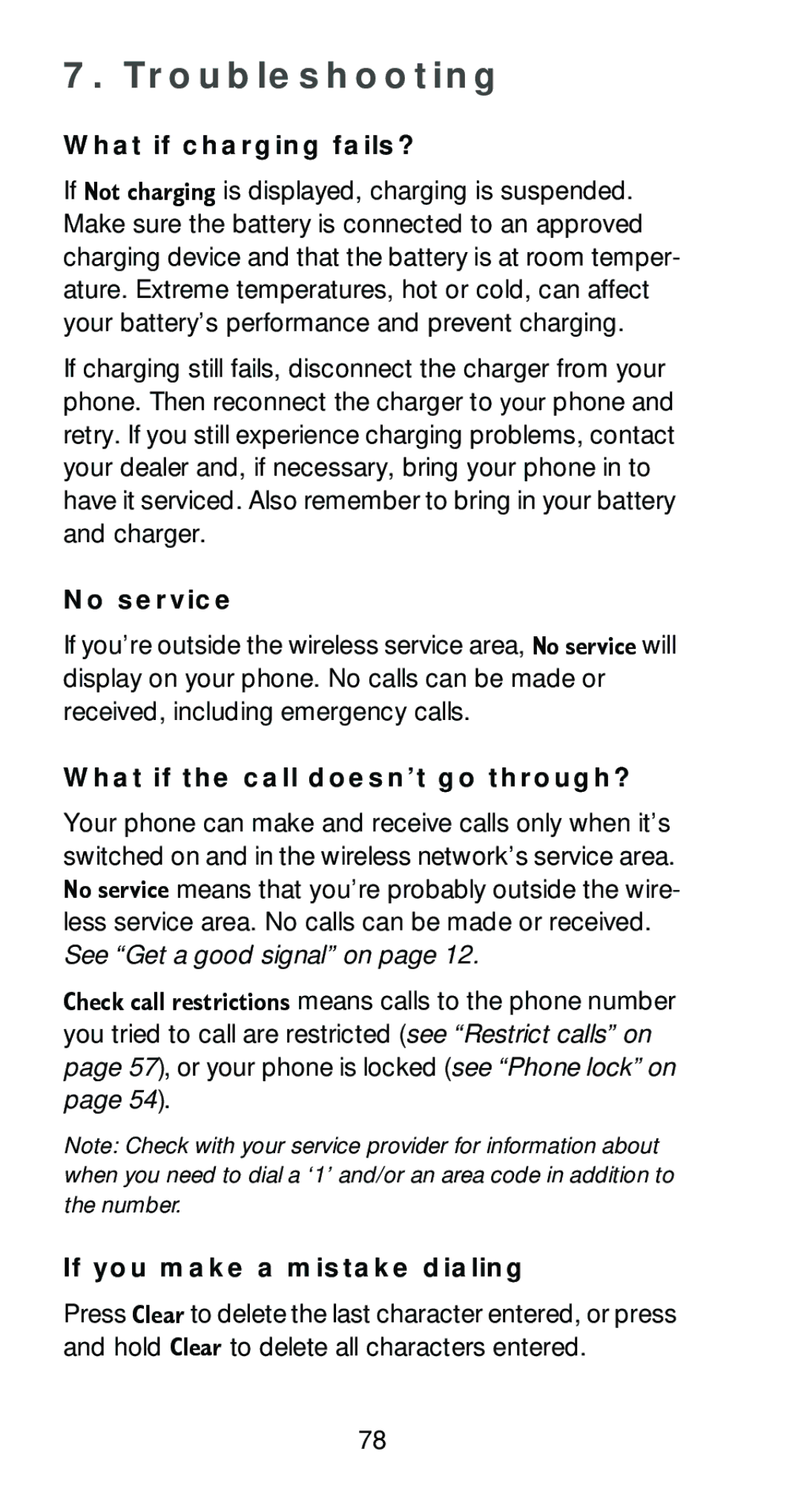 Nokia 6161 manual Troubleshooting, What if charging fails?, No service, What if the call doesn’t go through? 