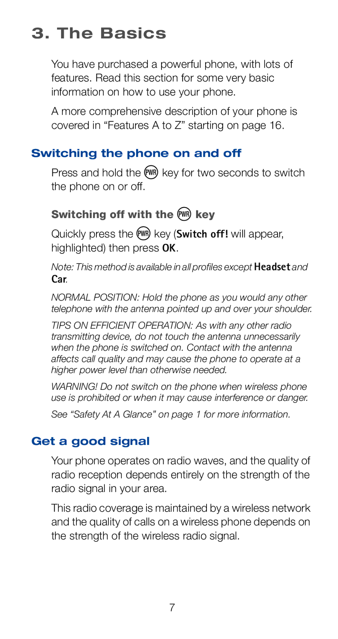 Nokia 6161i owner manual Basics, Switching the phone on and off, Switching off with the ðkey, Car, Get a good signal 