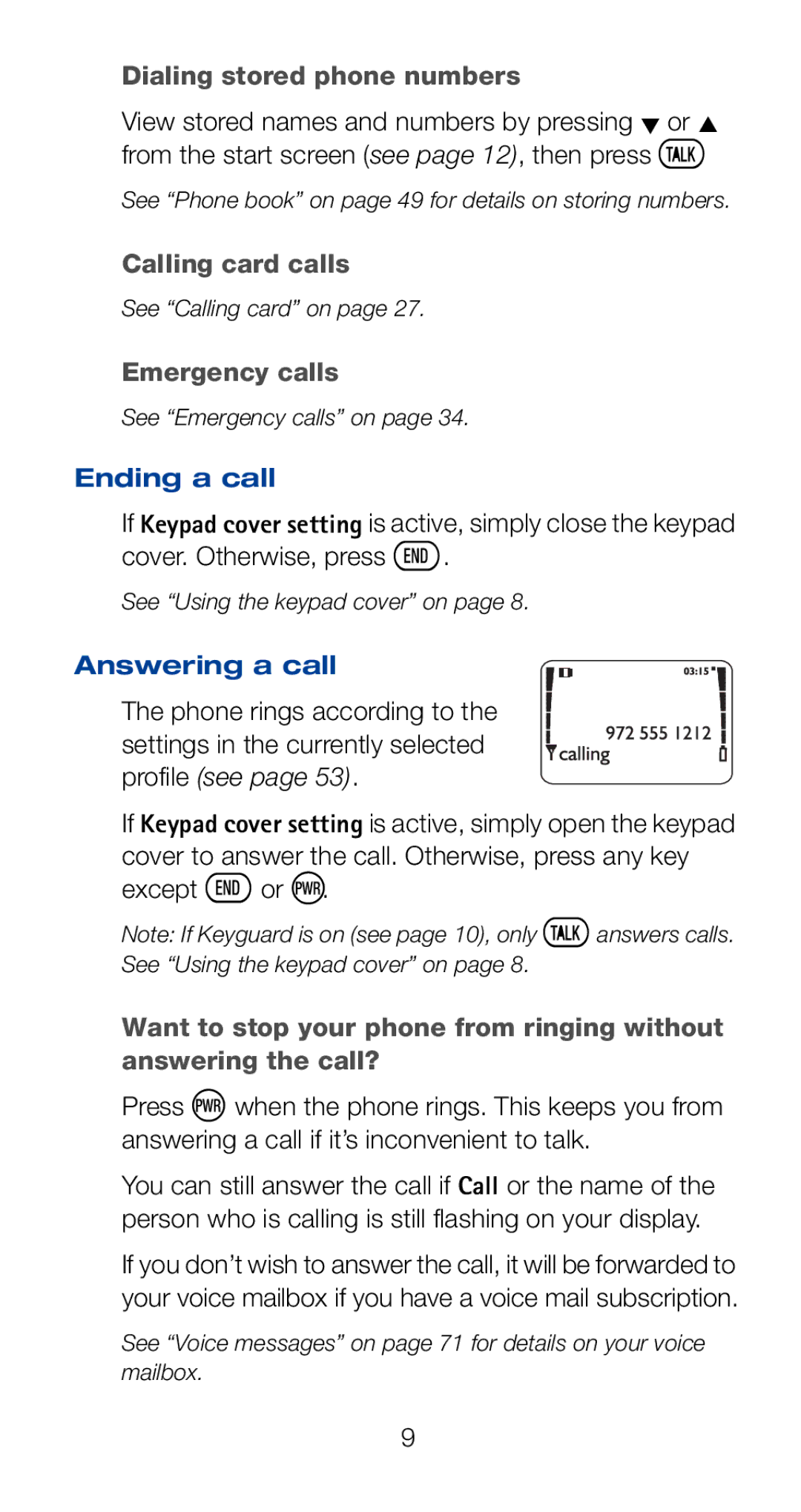 Nokia 6161i owner manual Dialing stored phone numbers, Calling card calls, Emergency calls, Ending a call, Answering a call 