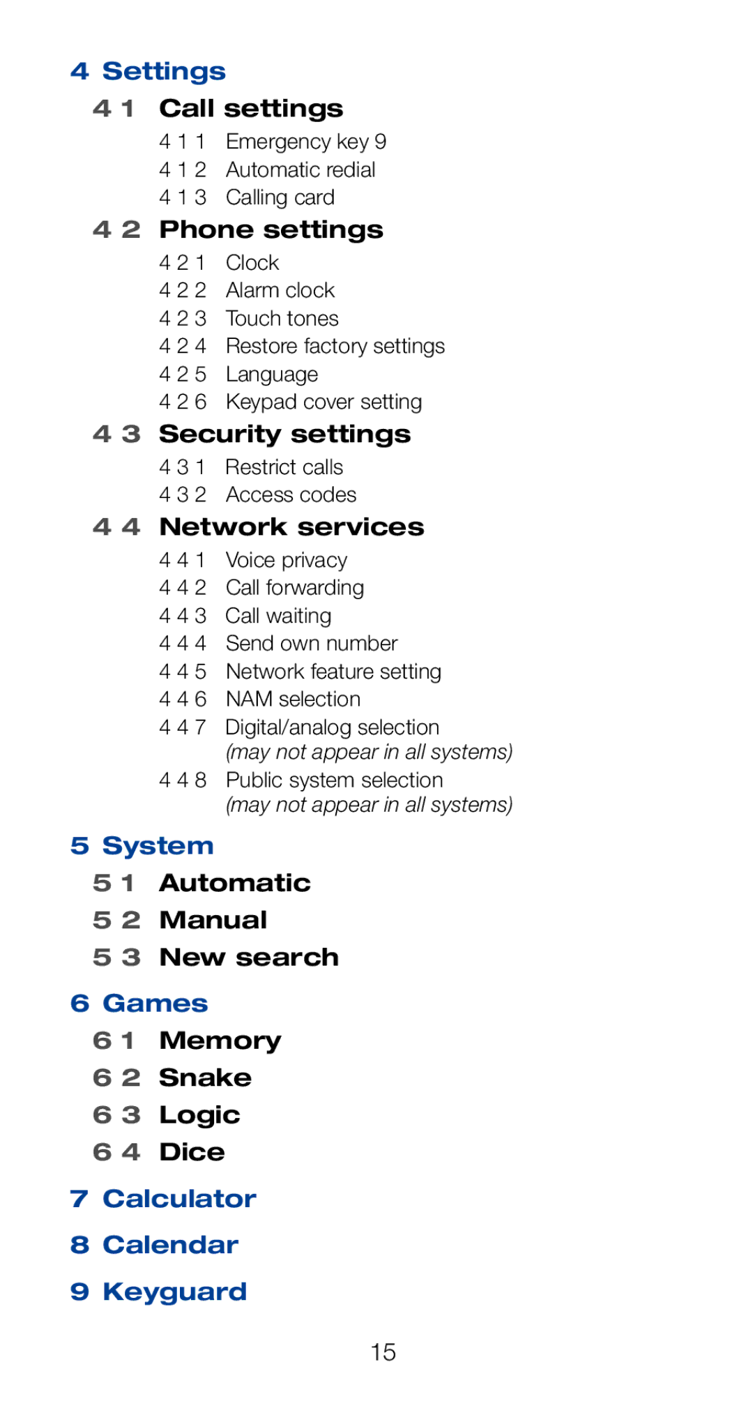 Nokia 6161i owner manual Settings, System, Games, Dice, Calculator Calendar Keyguard 