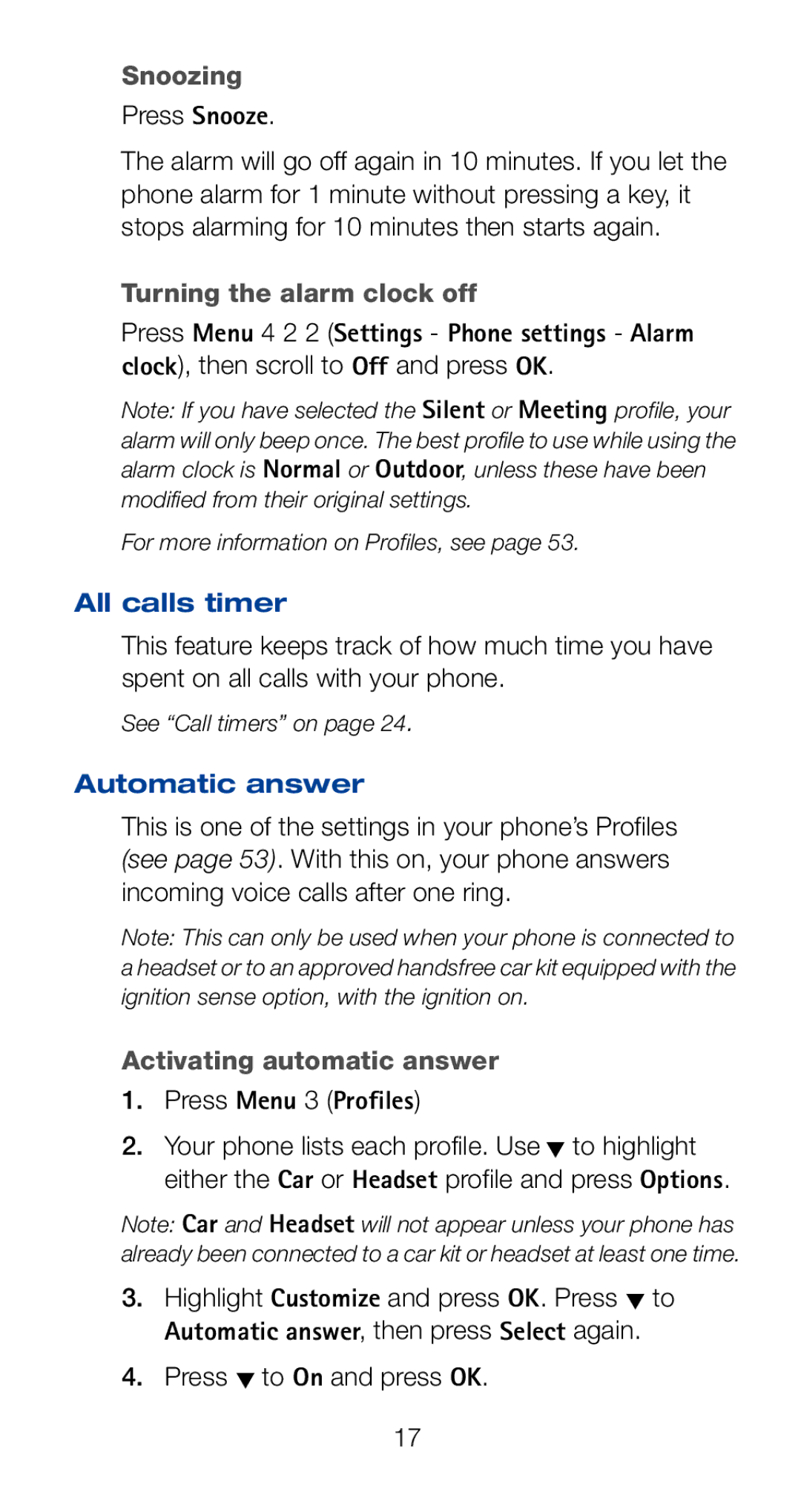 Nokia 6161i Snoozing, Turning the alarm clock off, All calls timer, Automatic answer, Activating automatic answer 