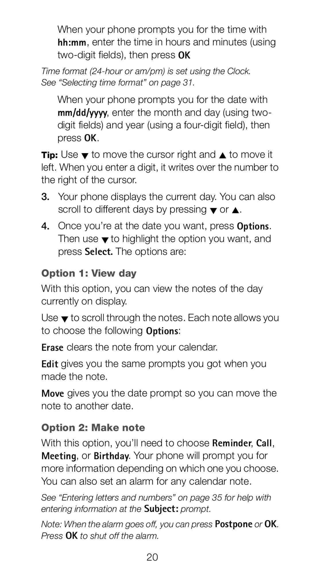 Nokia 6161i owner manual Option 1 View day, Option 2 Make note 