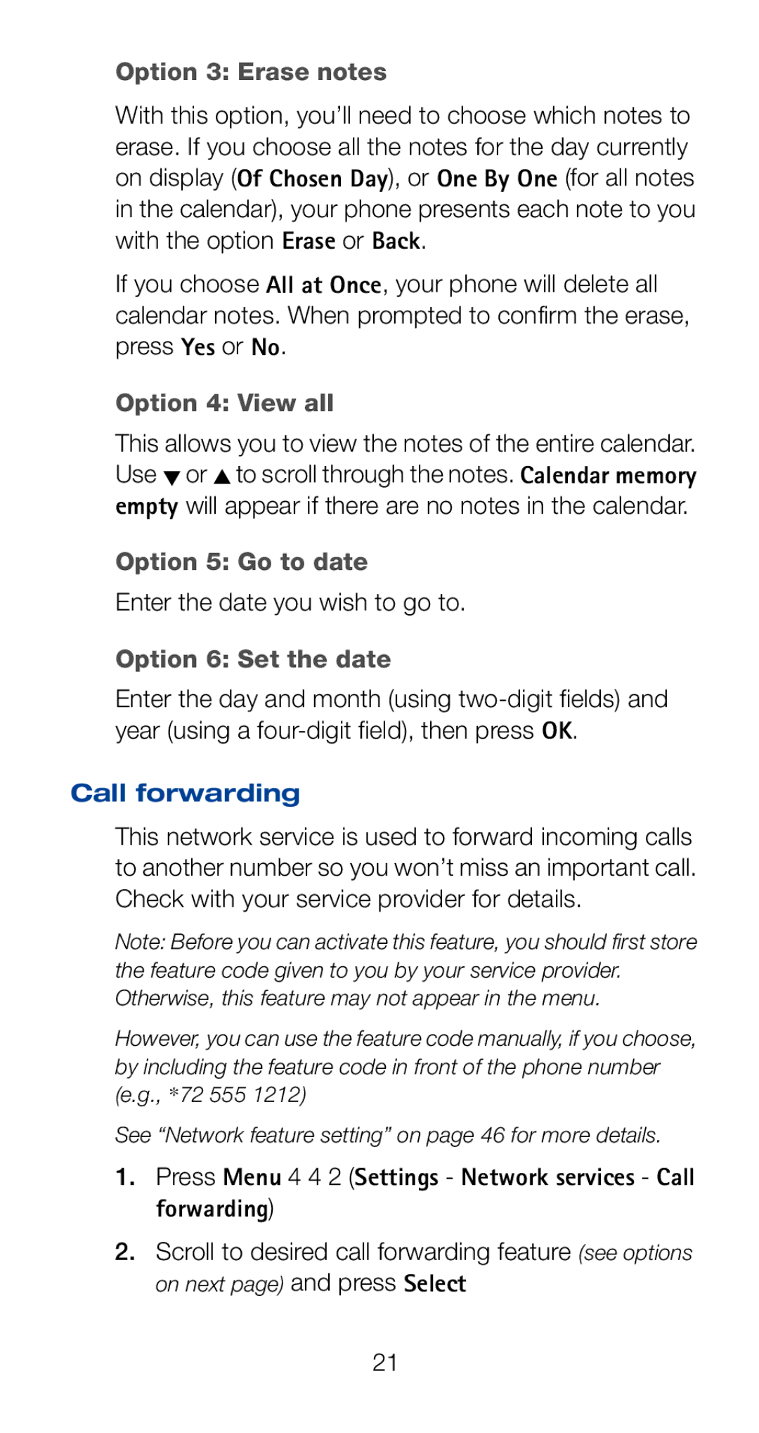 Nokia 6161i Option 3 Erase notes, Option 4 View all, Option 5 Go to date, Option 6 Set the date, Call forwarding 