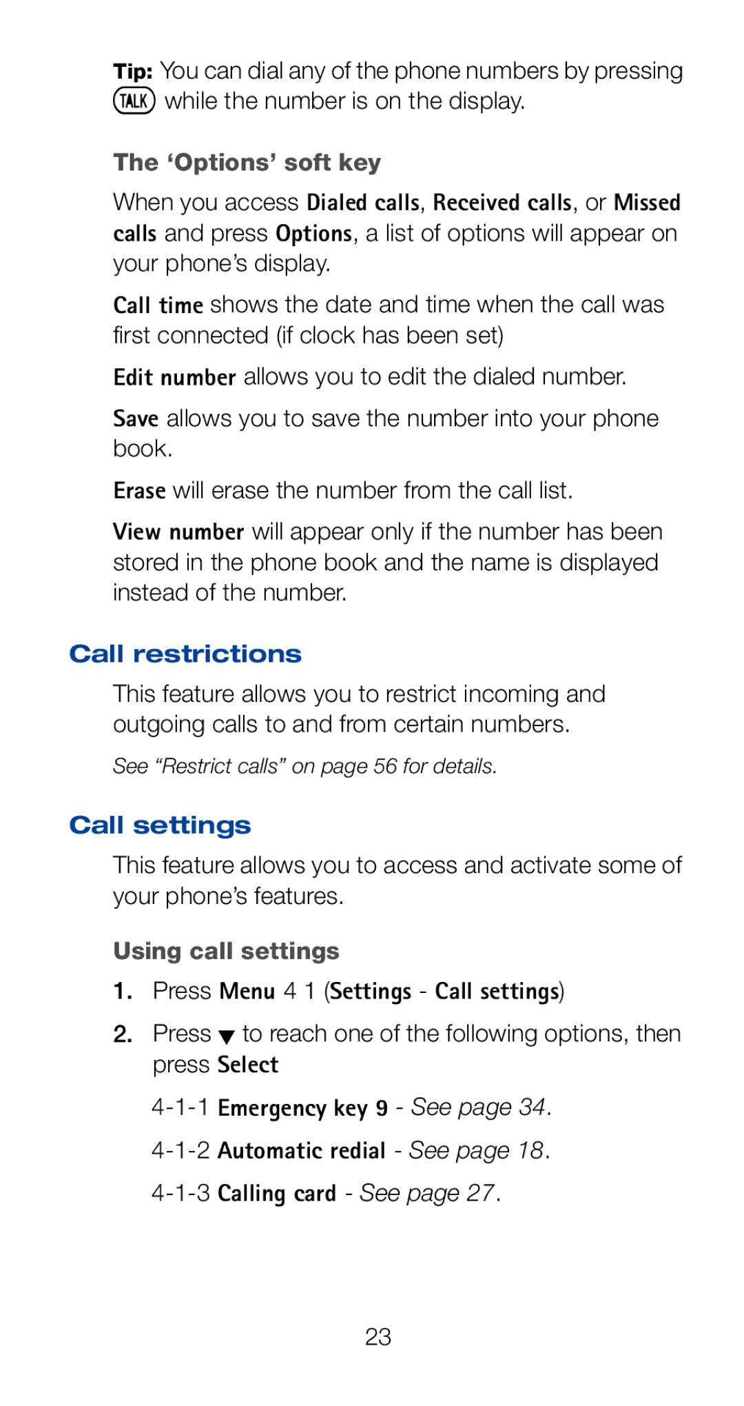 Nokia 6161i owner manual ‘Options’ soft key, Call restrictions, Call settings, Using call settings 