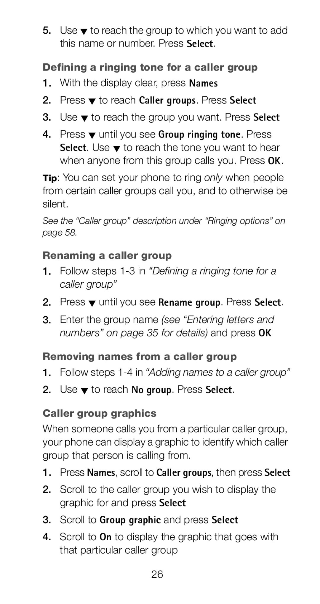Nokia 6161i Defining a ringing tone for a caller group, Renaming a caller group, Removing names from a caller group 