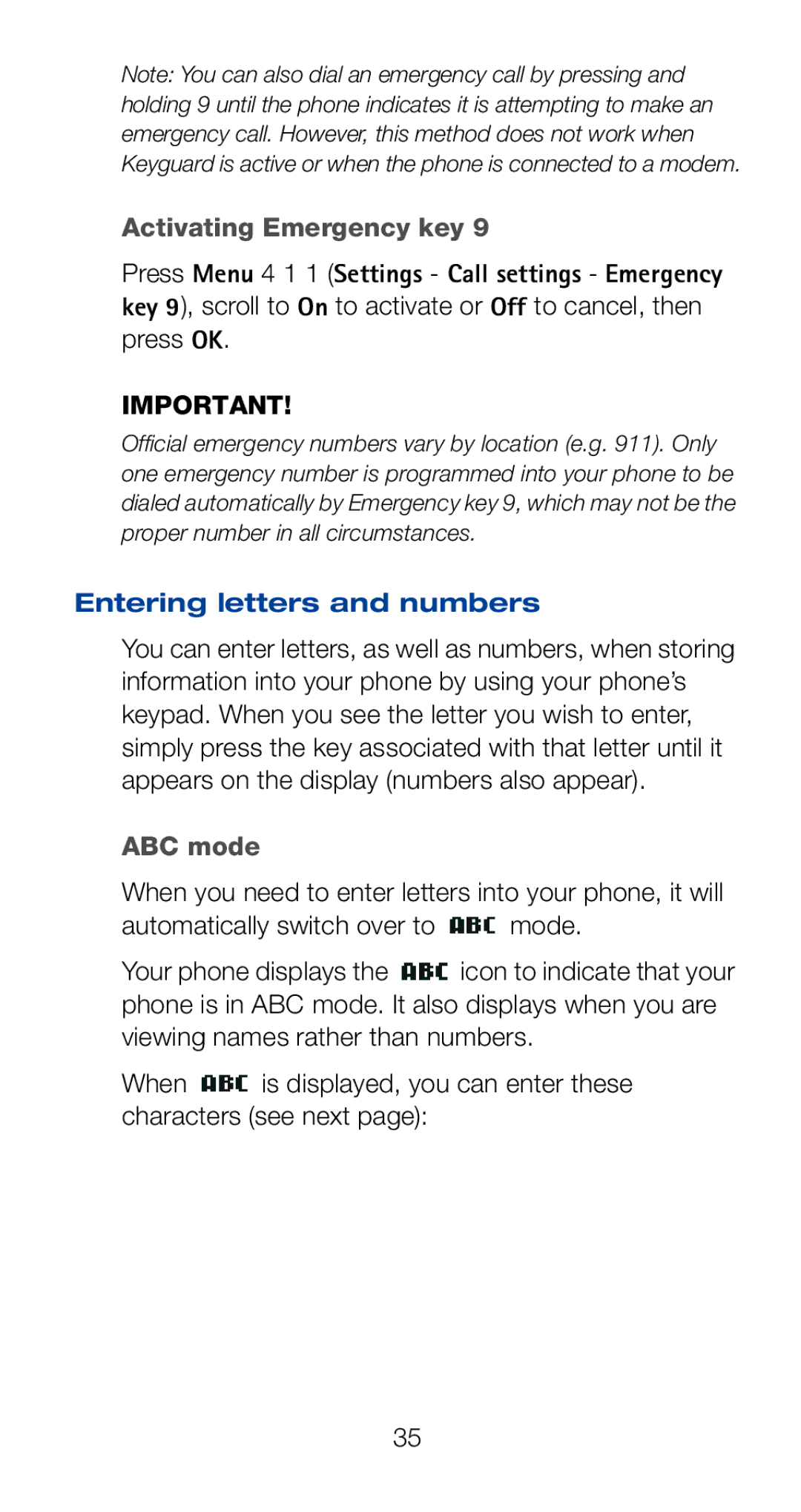 Nokia 6161i owner manual Activating Emergency key, Entering letters and numbers, ABC mode 