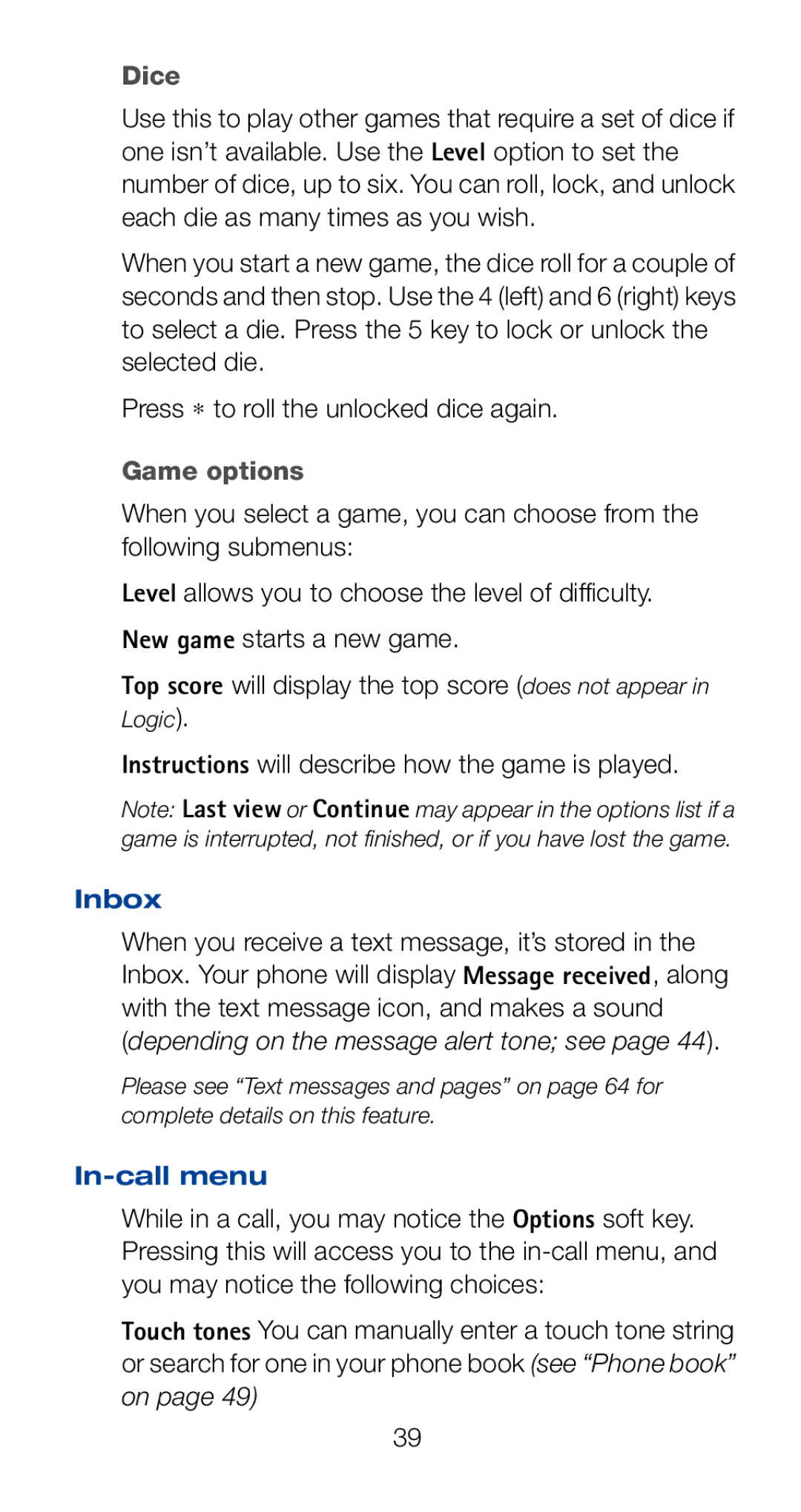 Nokia 6161i owner manual Game options, Instructions will describe how the game is played, Inbox, In-call menu 