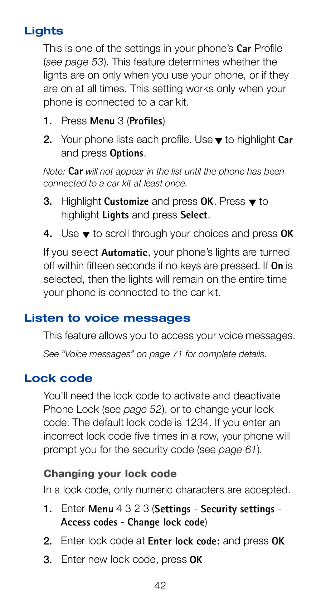 Nokia 6161i owner manual Lights, Listen to voice messages, Lock code, Changing your lock code 