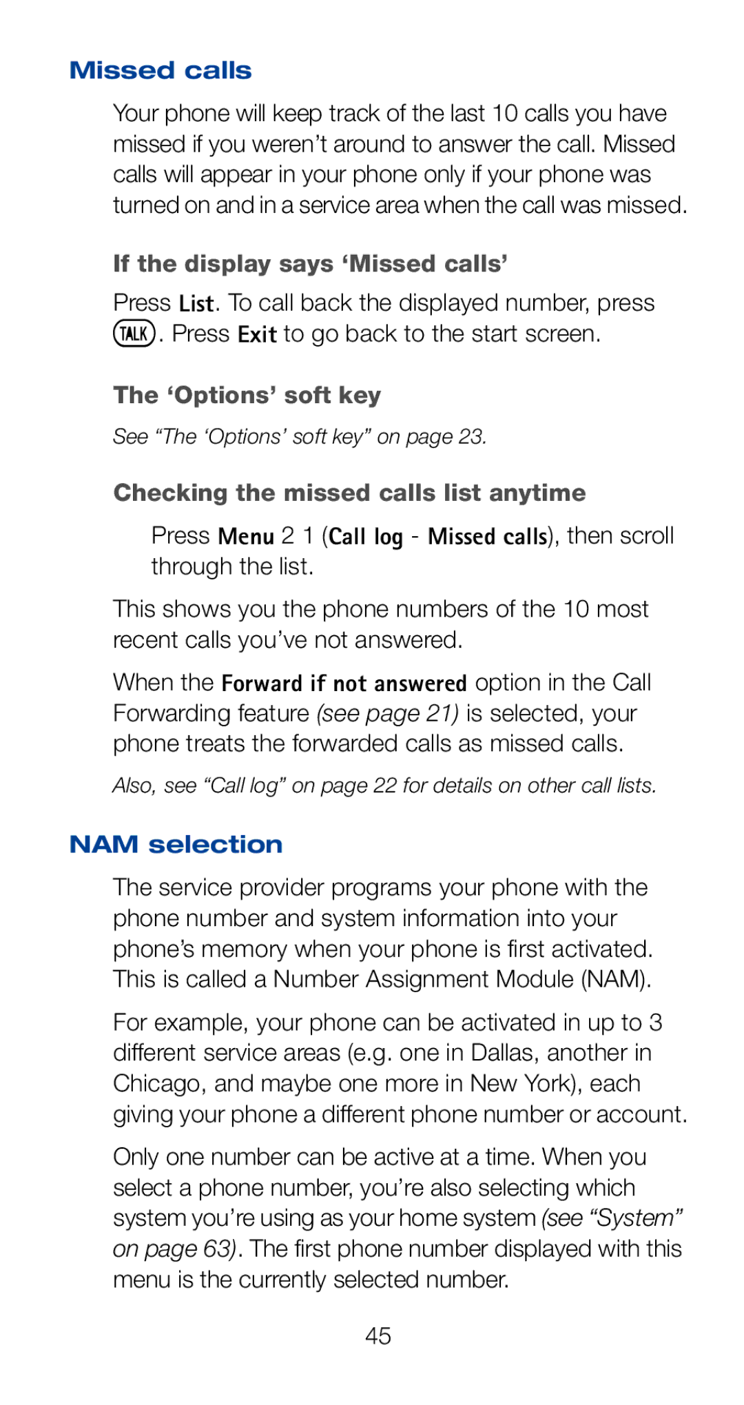 Nokia 6161i owner manual If the display says ‘Missed calls’, Checking the missed calls list anytime, NAM selection 