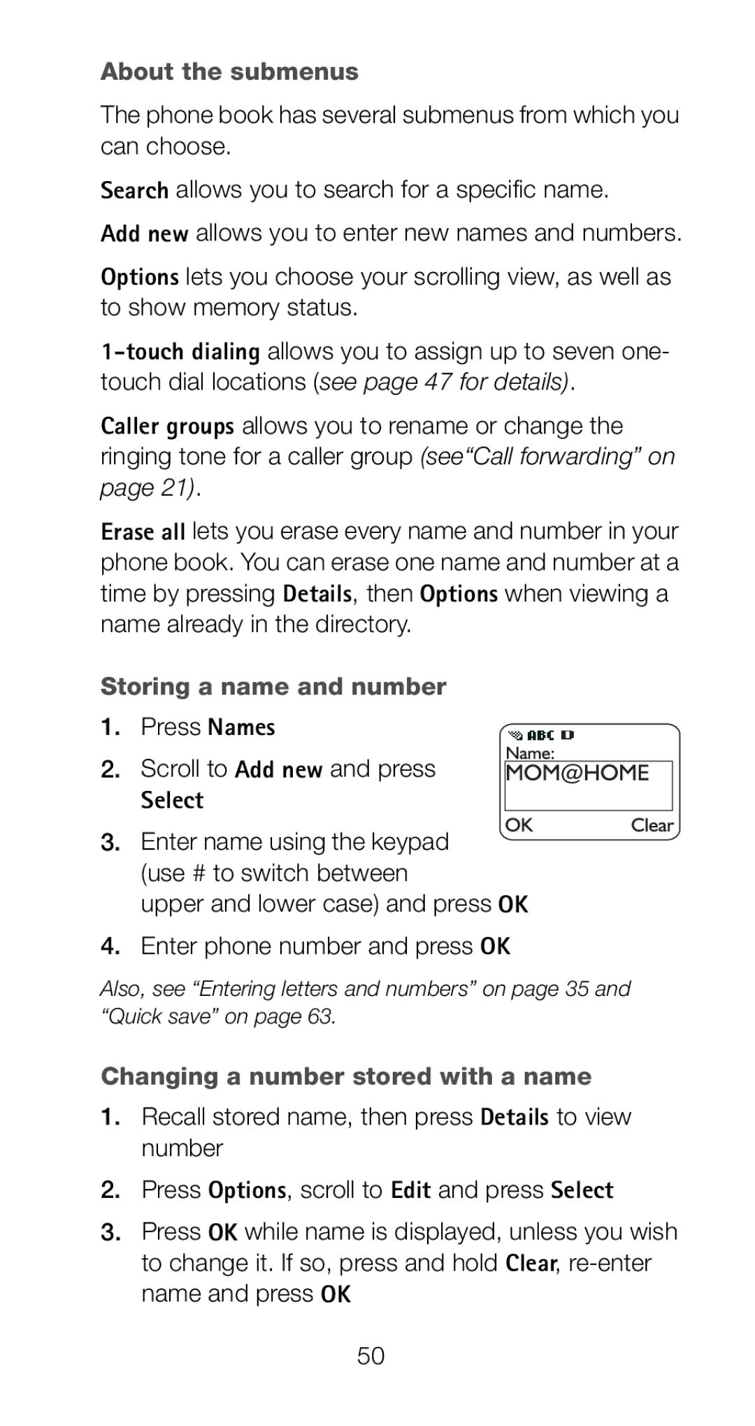 Nokia 6161i owner manual About the submenus, Storing a name and number, Press Names Scroll to Add new and press 