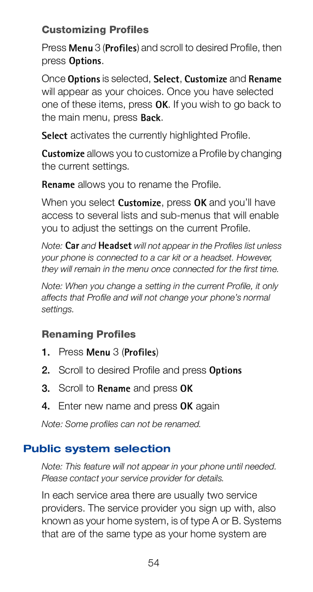 Nokia 6161i owner manual Customizing Profiles, Renaming Profiles, Public system selection 
