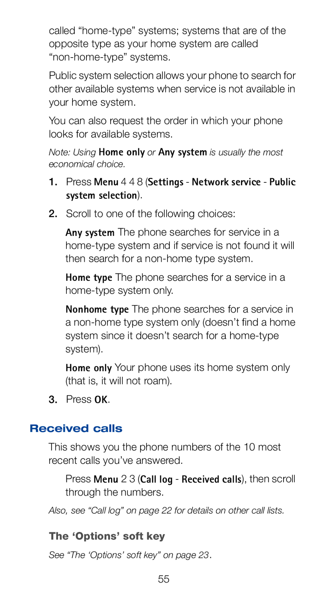 Nokia 6161i owner manual Scroll to one of the following choices, Received calls, Through the numbers 