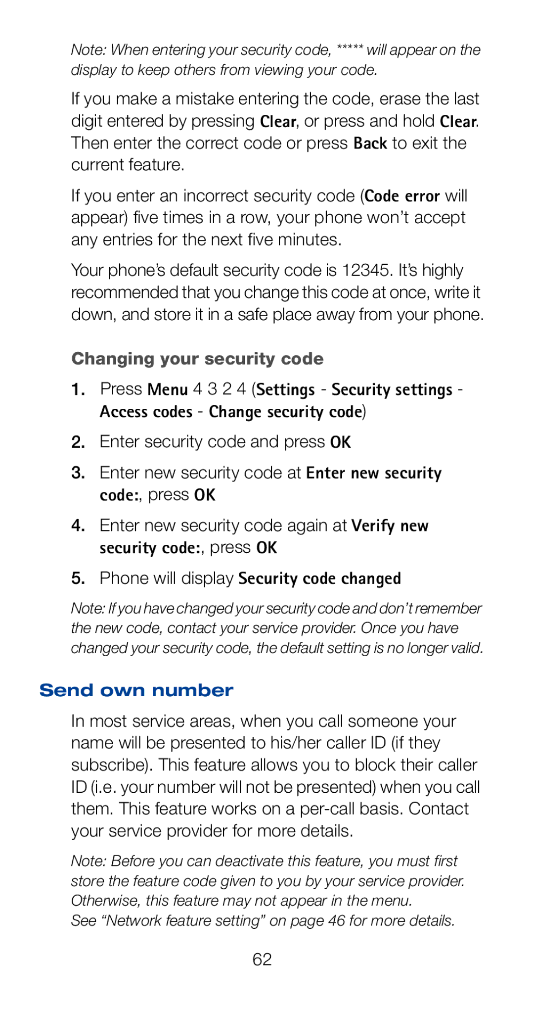 Nokia 6161i owner manual Changing your security code, Phone will display Security code changed, Send own number 