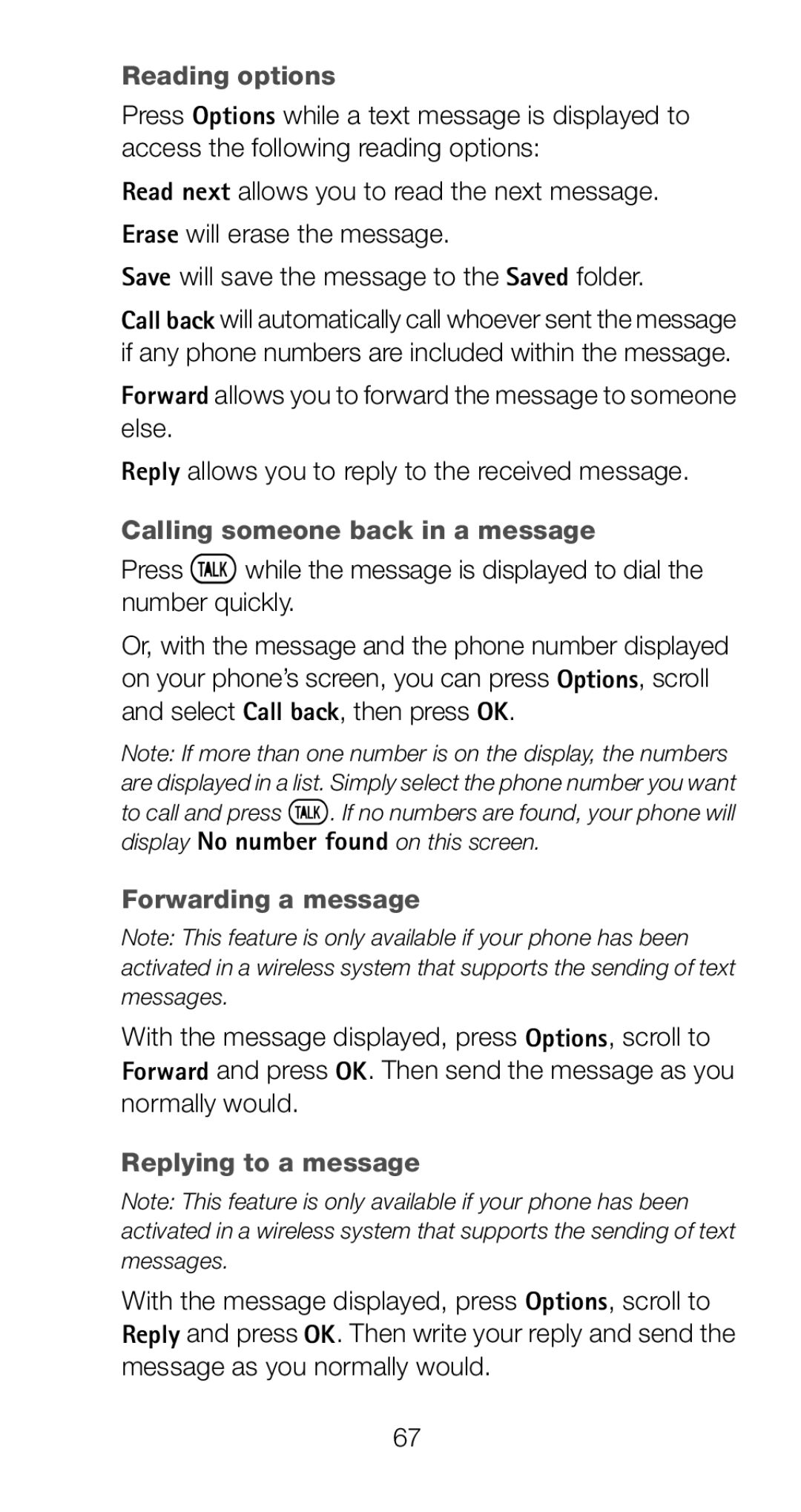 Nokia 6161i owner manual Reading options, Calling someone back in a message, Forwarding a message, Replying to a message 