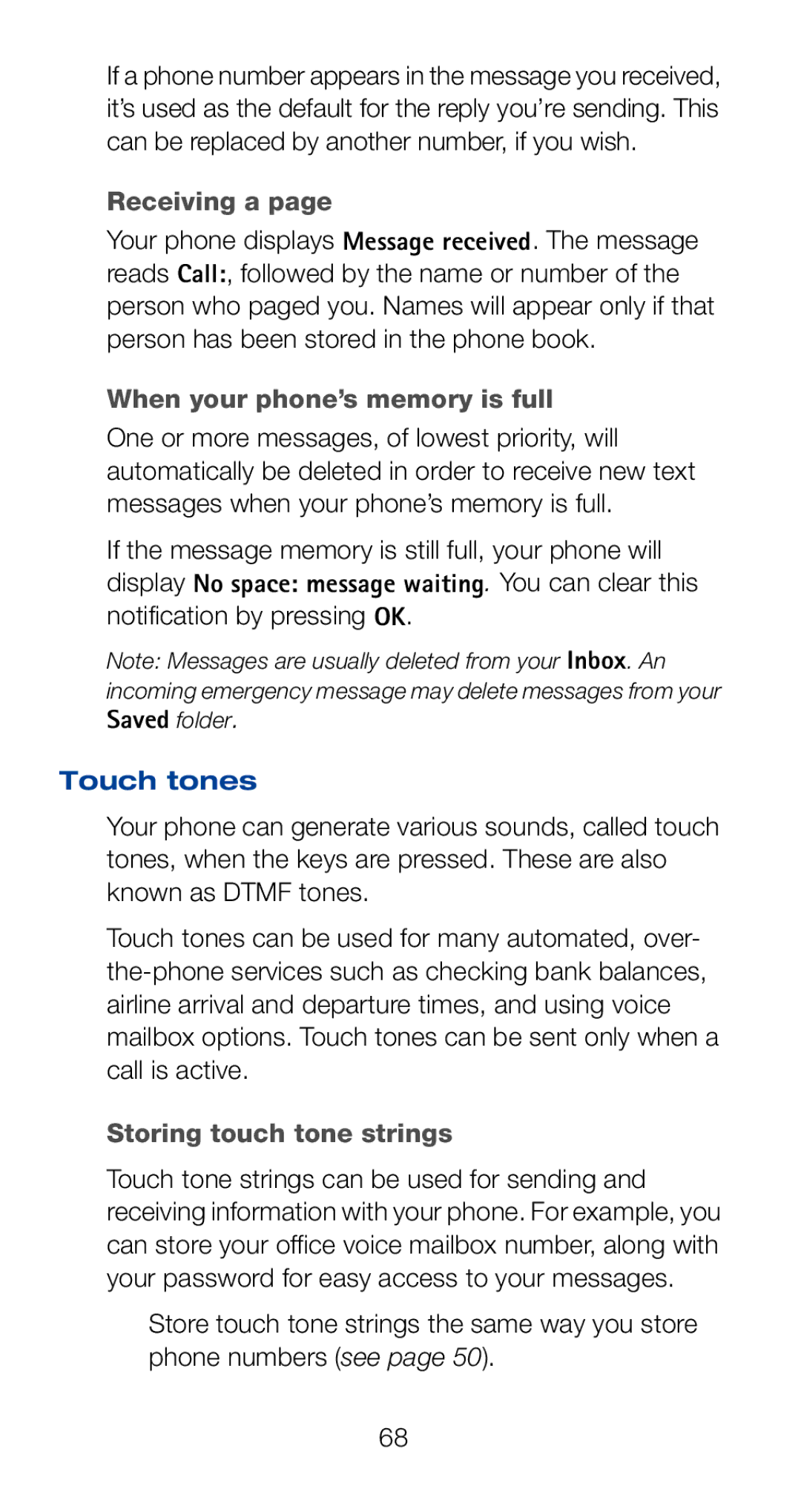 Nokia 6161i owner manual Receiving a, When your phone’s memory is full, Touch tones, Storing touch tone strings 