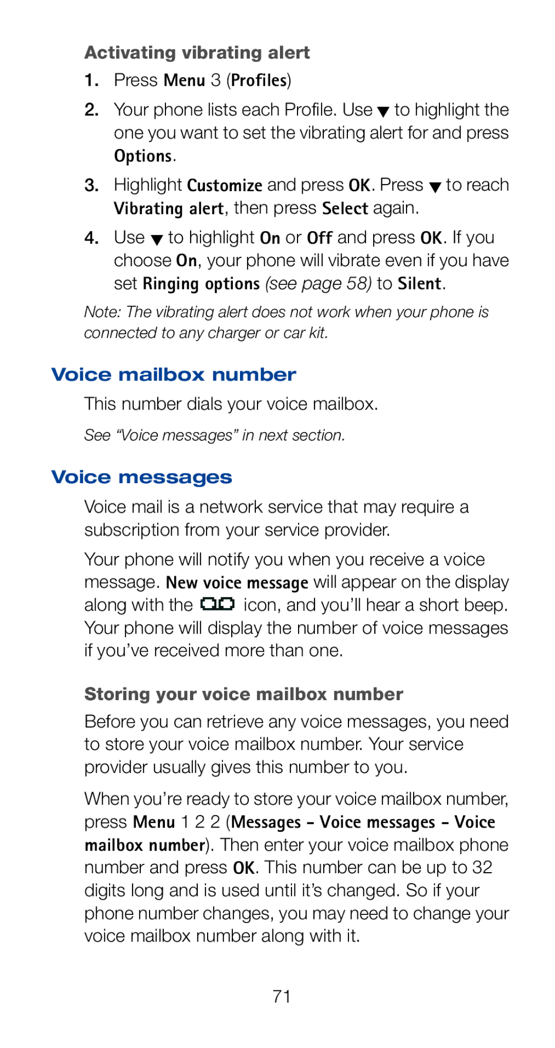 Nokia 6161i Activating vibrating alert, Voice mailbox number, This number dials your voice mailbox, Voice messages 