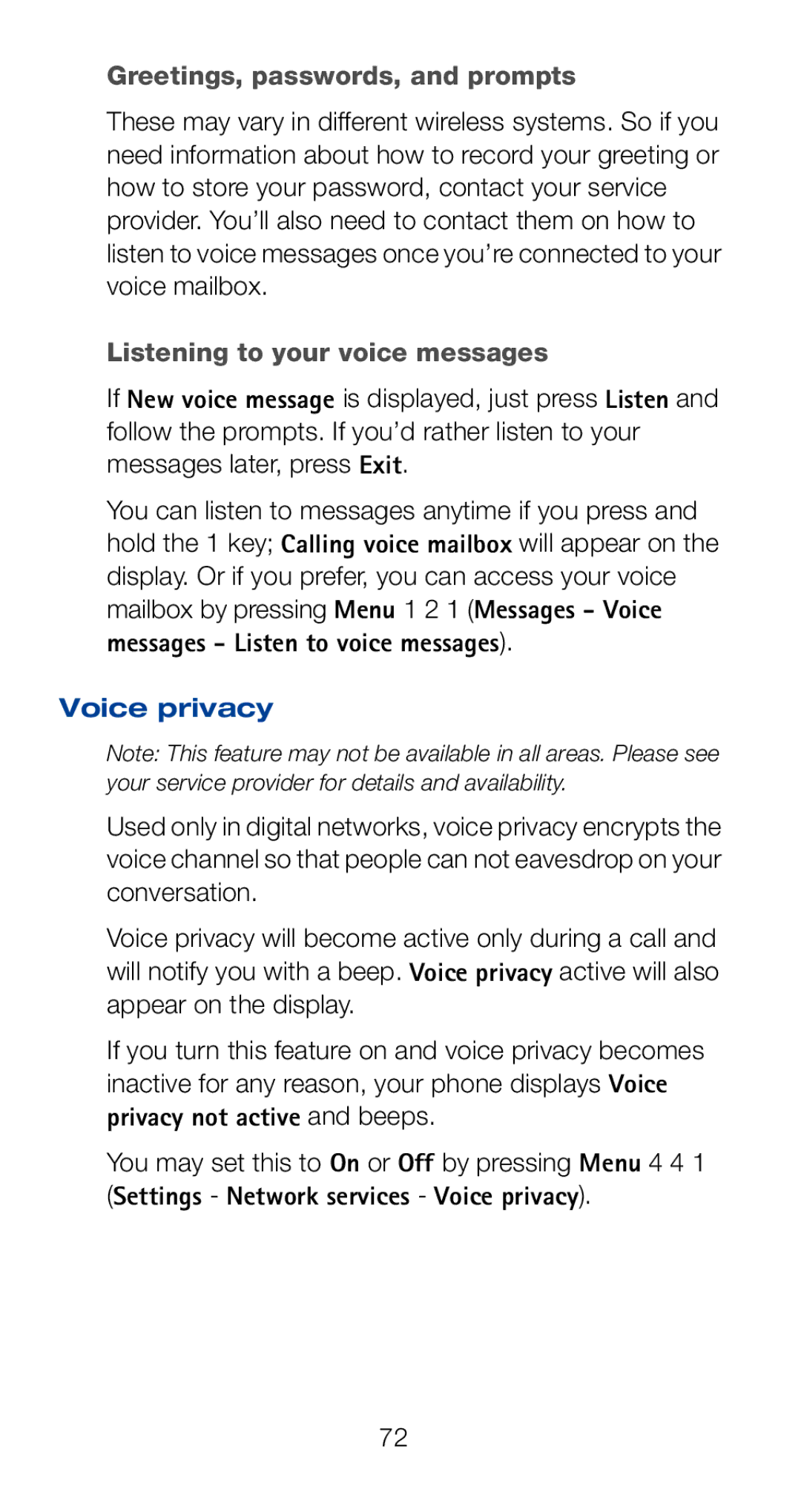 Nokia 6161i owner manual Greetings, passwords, and prompts, Listening to your voice messages, Voice privacy 