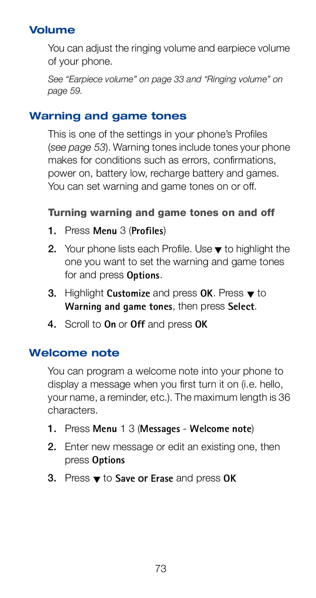 Nokia 6161i owner manual Volume, Turning warning and game tones on and off, Press Menu 1 3 Messages Welcome note 