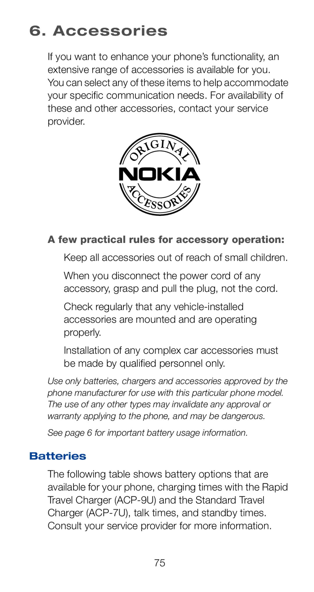 Nokia 6161i Accessories, Few practical rules for accessory operation, Keep all accessories out of reach of small children 