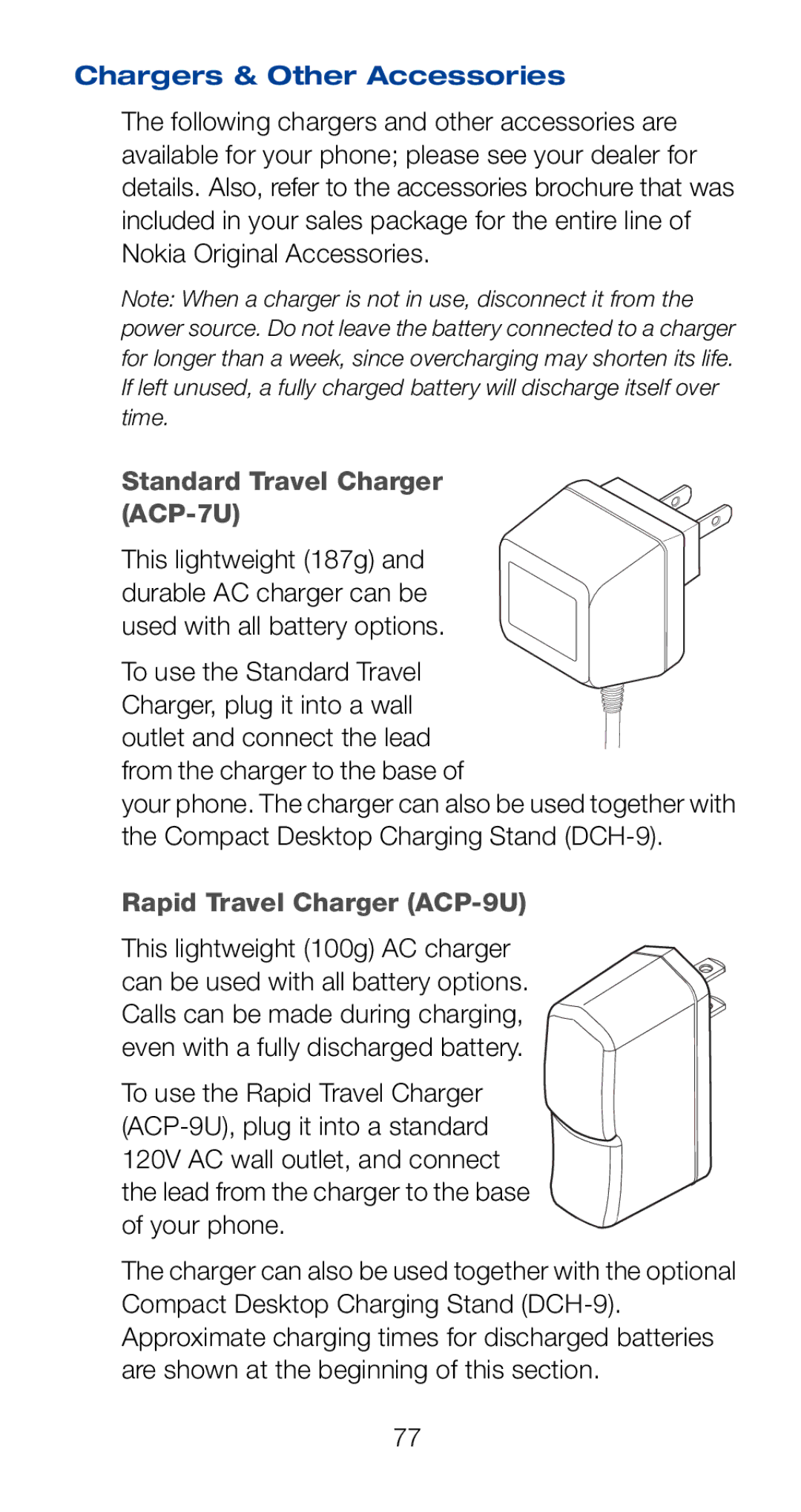 Nokia 6161i owner manual Chargers & Other Accessories, Standard Travel Charger ACP-7U, Rapid Travel Charger ACP-9U 