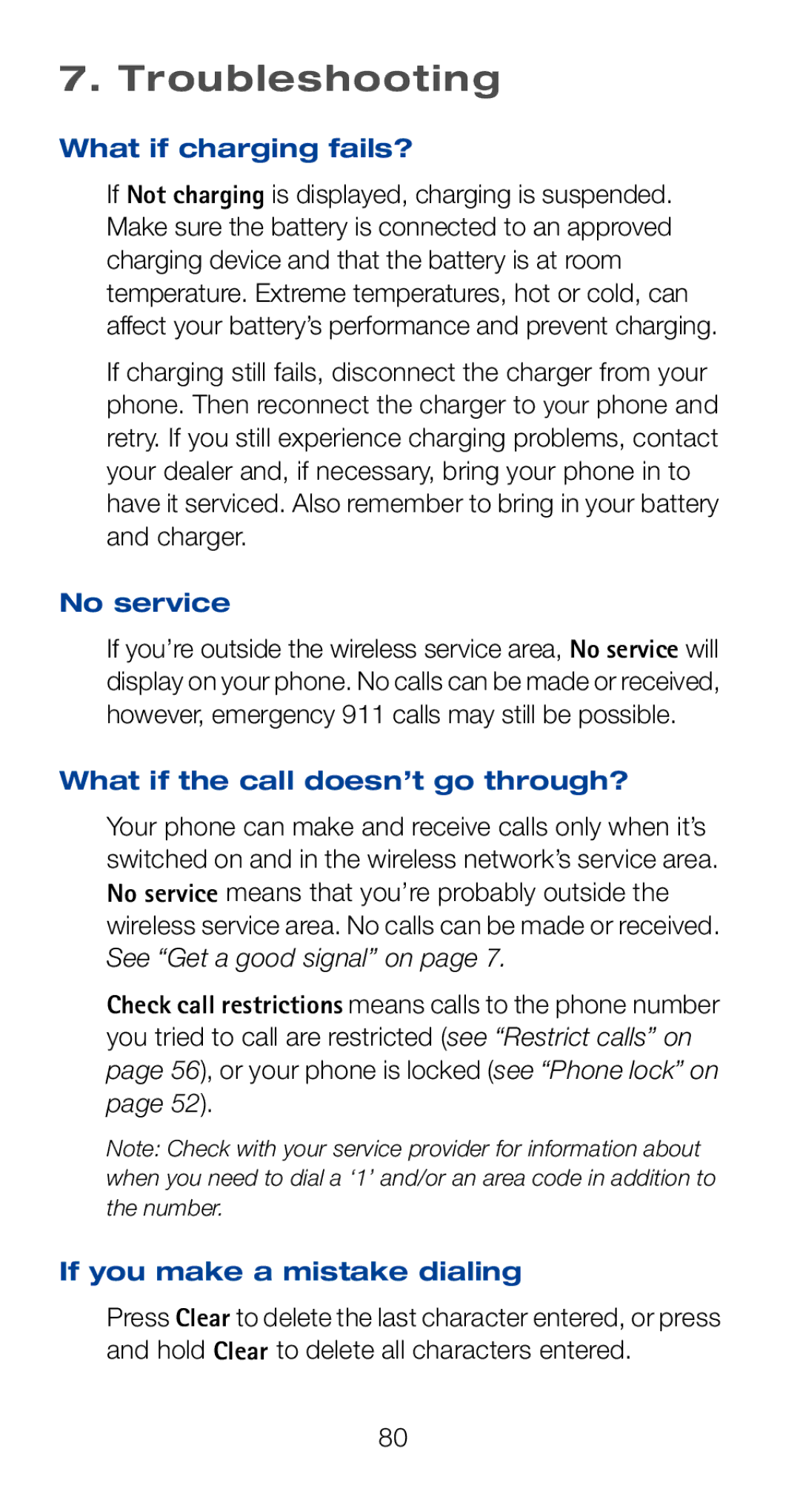Nokia 6161i owner manual Troubleshooting, What if charging fails?, No service, What if the call doesn’t go through? 
