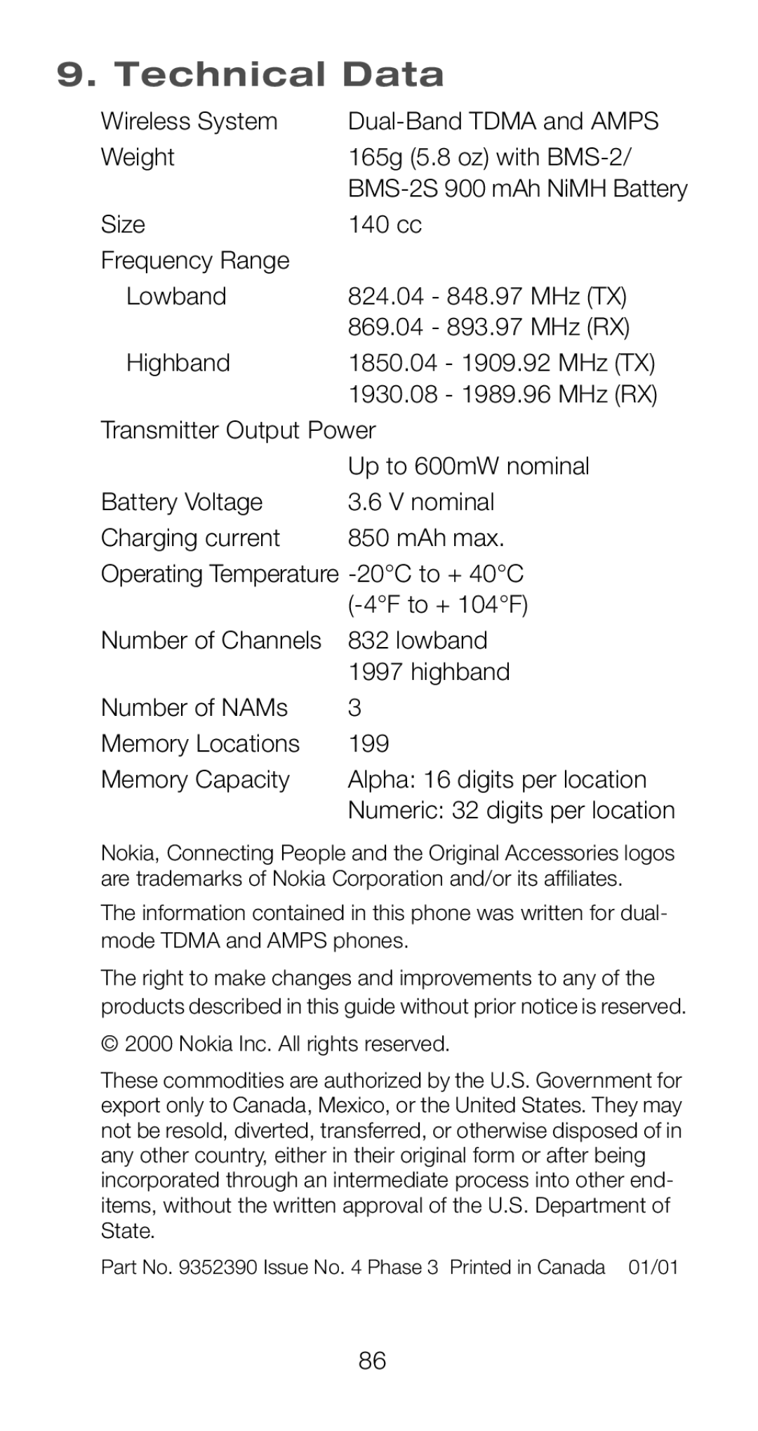 Nokia 6161i owner manual Technical Data 