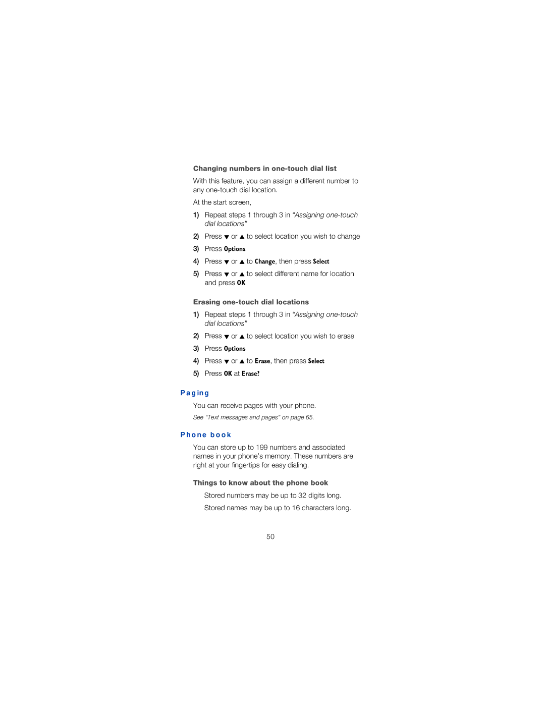 Nokia 6162 owner manual Changing numbers in one-touch dial list, Erasing one-touch dial locations, Paging, Phone book 