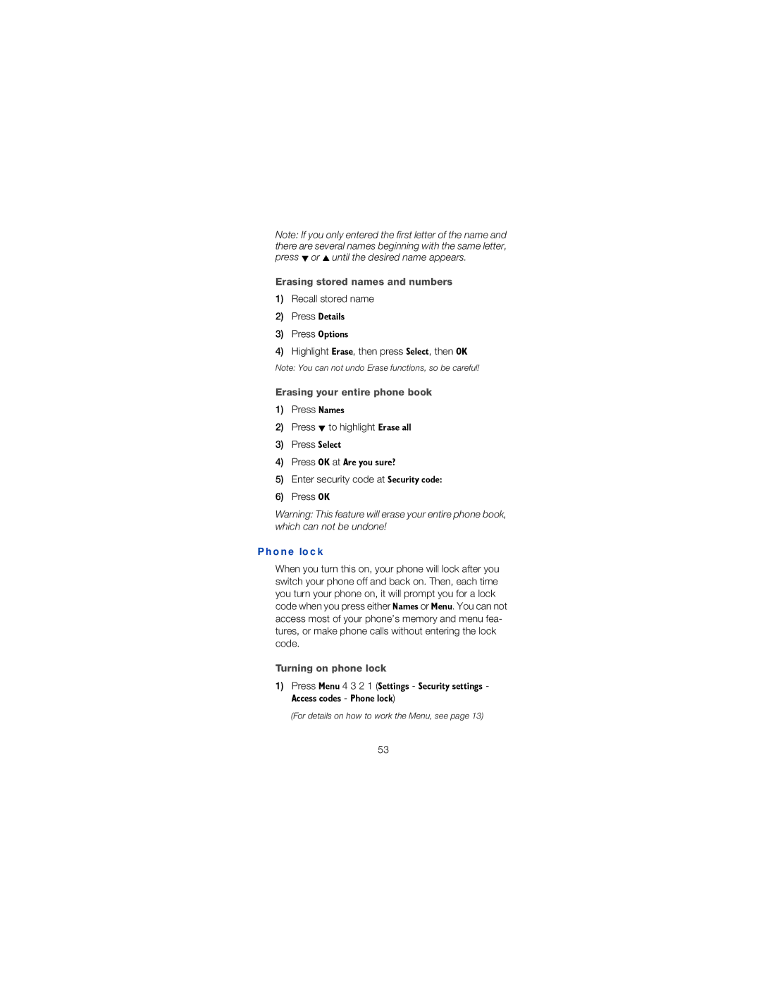 Nokia 6162 owner manual Erasing stored names and numbers, Erasing your entire phone book, Phone lock, Turning on phone lock 