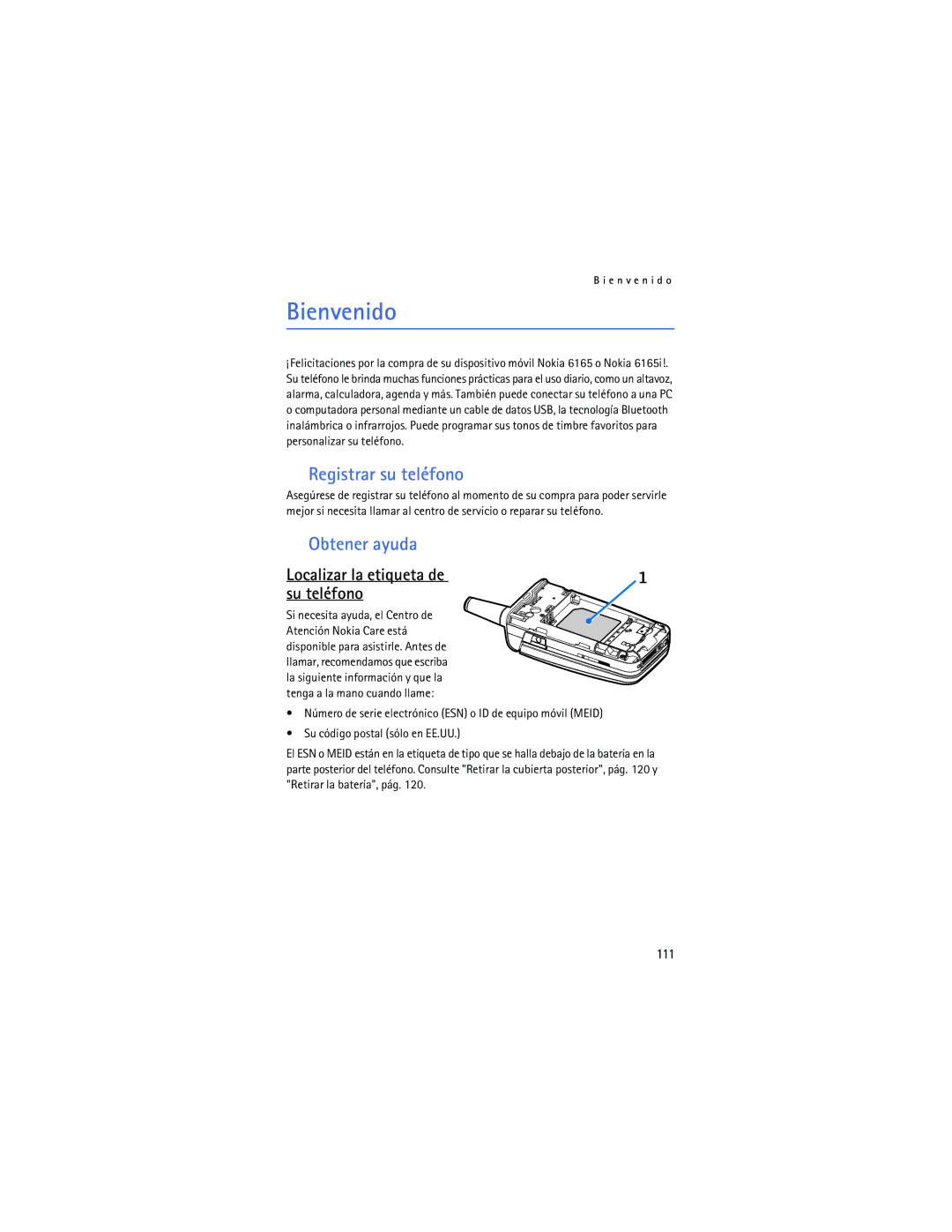 Nokia 6165 manual Bienvenido, Registrar su teléfono, Obtener ayuda 