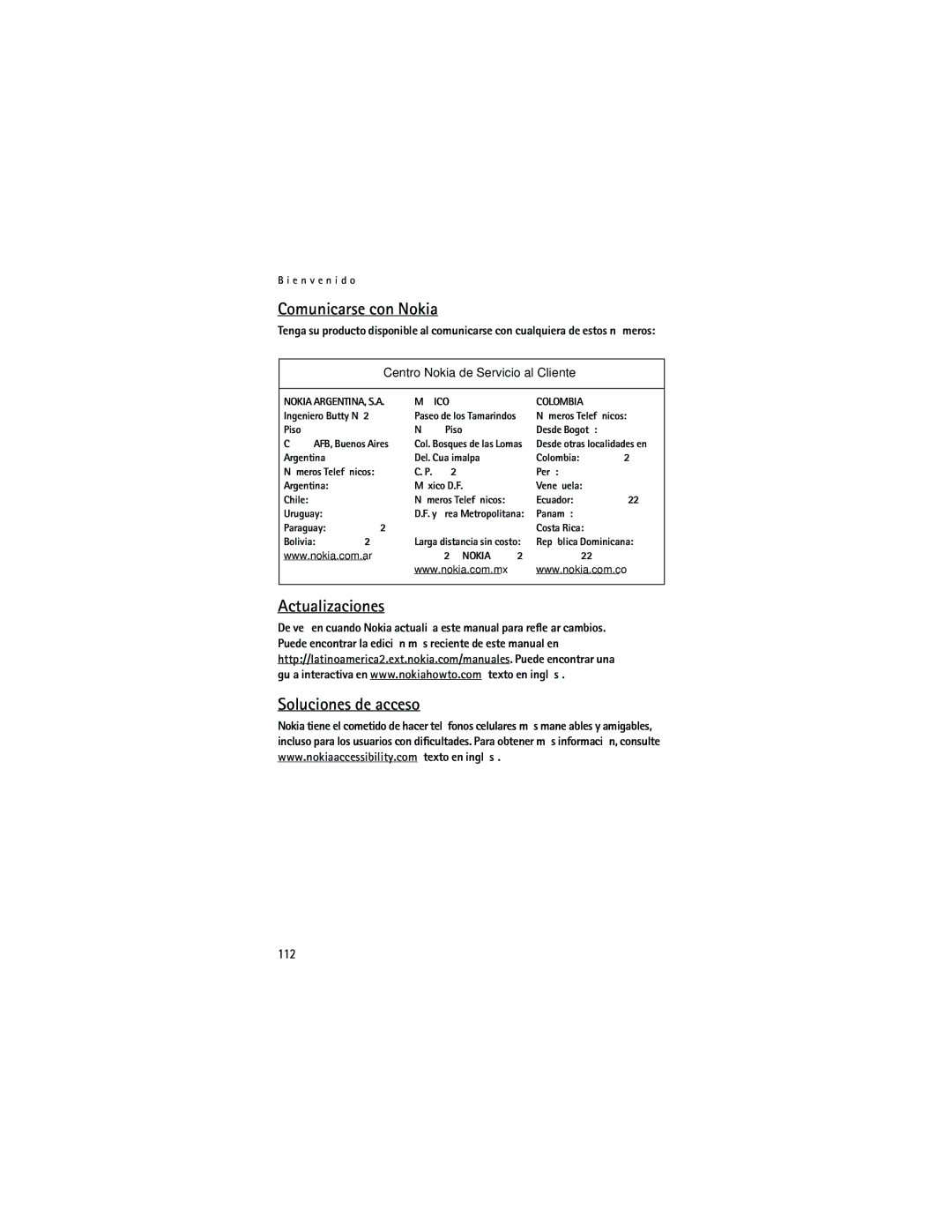 Nokia 6165 manual Comunicarse con Nokia, Actualizaciones Soluciones de acceso, 112 