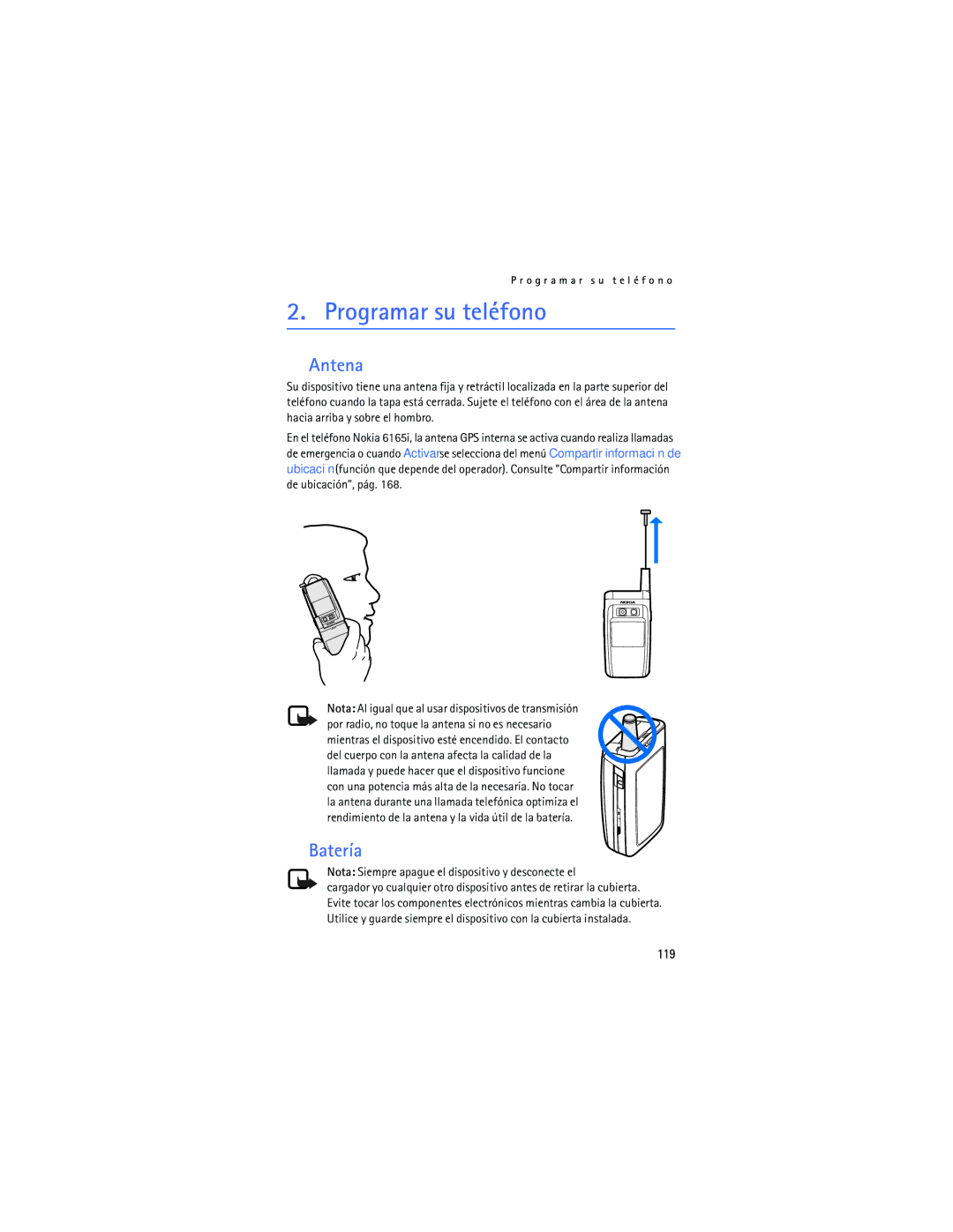 Nokia 6165 manual Programar su teléfono, Antena, Batería, Nota Siempre apague el dispositivo y desconecte el 