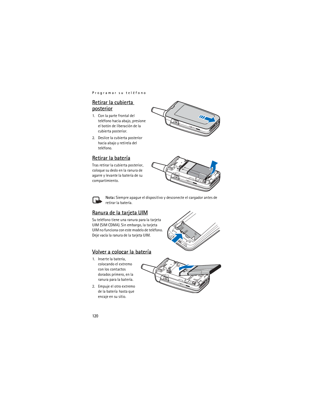 Nokia 6165 Retirar la batería, Ranura de la tarjeta UIM, Volver a colocar la batería, Retirar la cubierta posterior, 120 