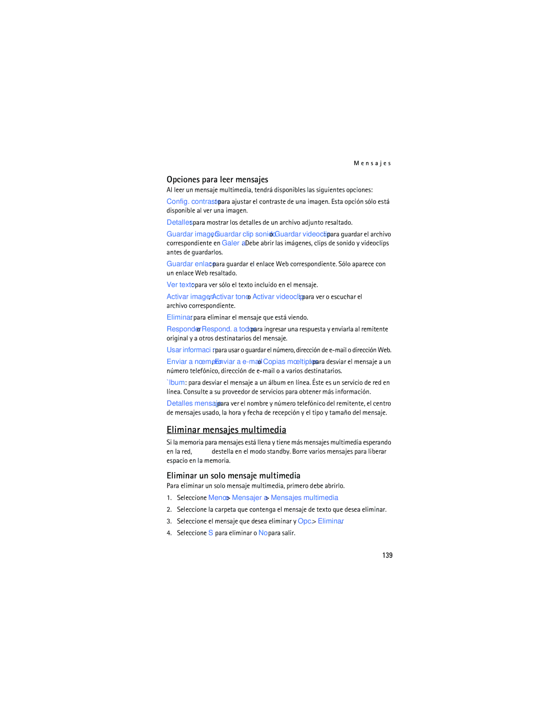 Nokia 6165 manual Eliminar mensajes multimedia, Opciones para leer mensajes, Eliminar un solo mensaje multimedia, 139 