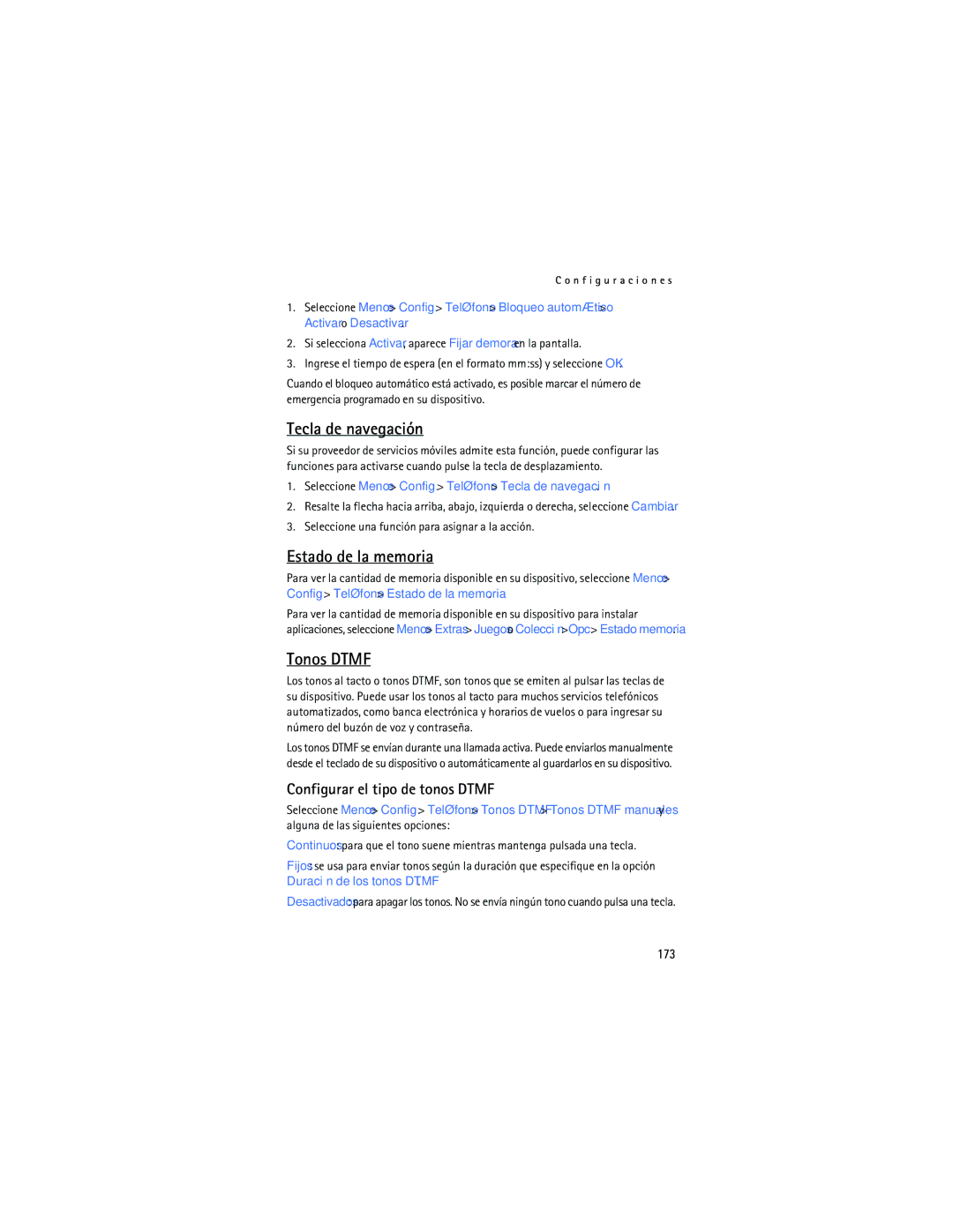Nokia 6165 manual Tecla de navegación, Estado de la memoria, Tonos Dtmf, Configurar el tipo de tonos Dtmf, 173 