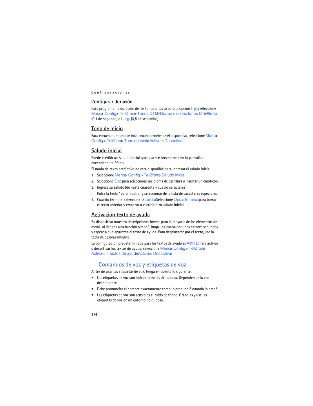 Nokia 6165 manual Comandos de voz y etiquetas de voz, Tono de inicio, Saludo inicial, Activación texto de ayuda 