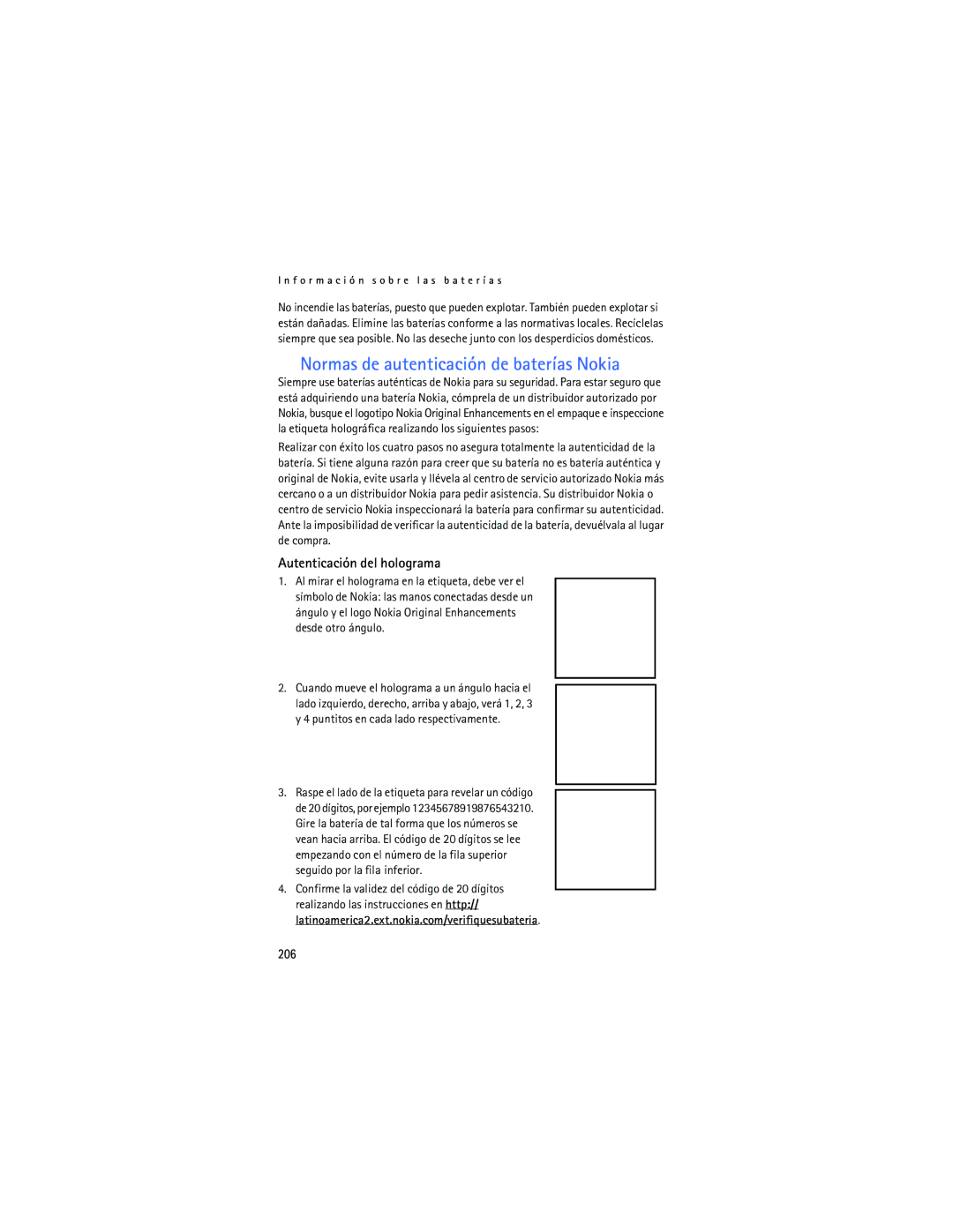 Nokia 6165 manual Normas de autenticación de baterías Nokia, Autenticación del holograma, 206 