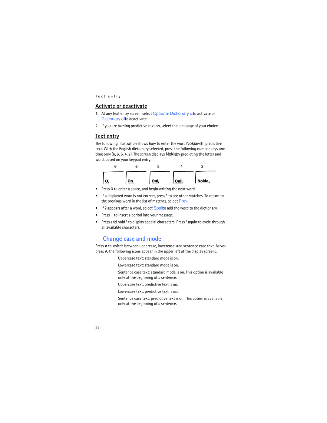 Nokia 6165 manual Change case and mode, Activate or deactivate, Text entry 