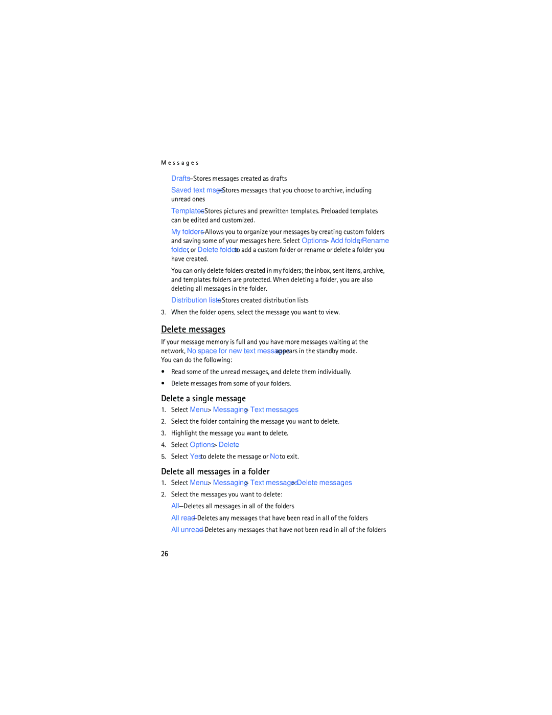 Nokia 6165 manual Delete messages, Delete a single message, Delete all messages in a folder, Select Options Delete 