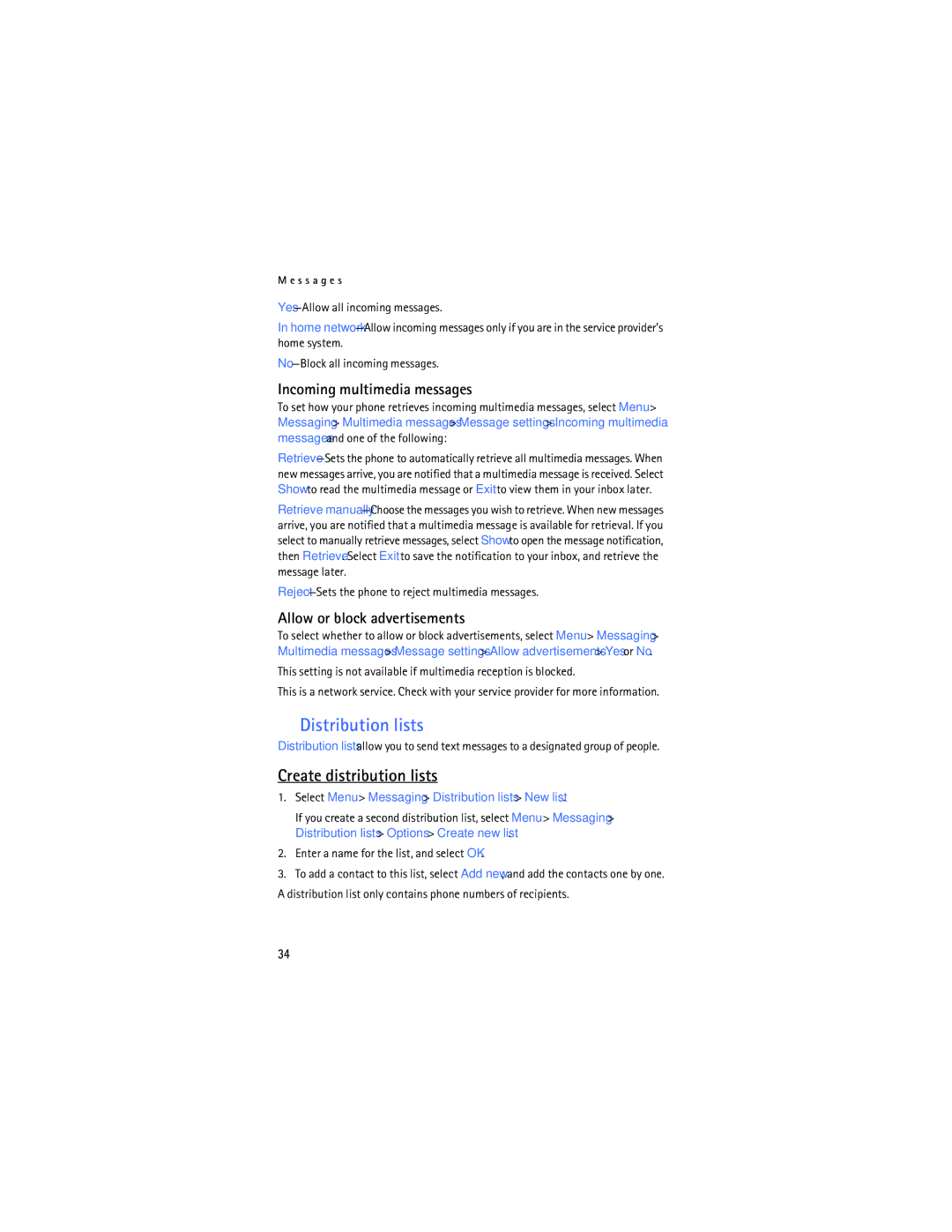 Nokia 6165 Distribution lists, Create distribution lists, Incoming multimedia messages, Allow or block advertisements 