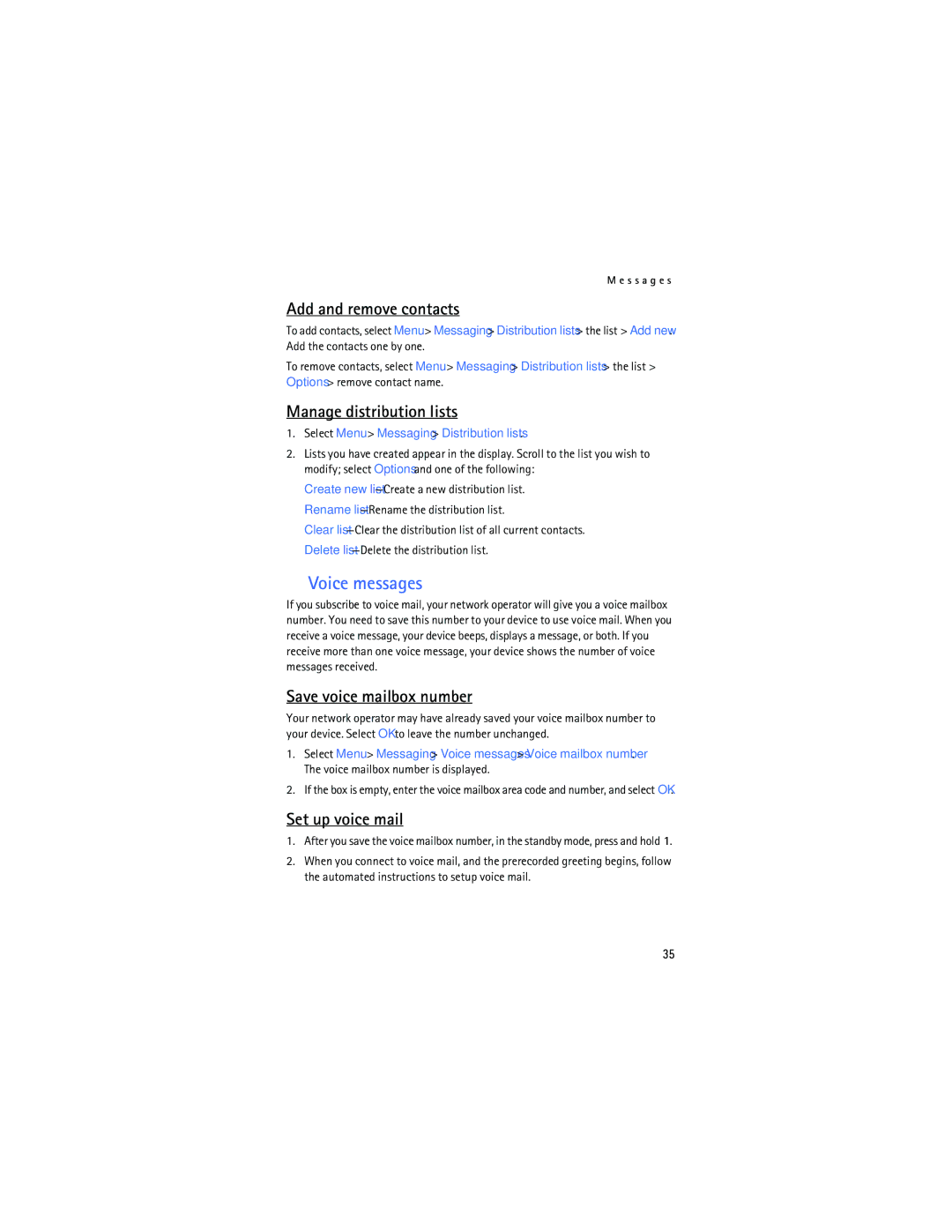 Nokia 6165 manual Voice messages, Add and remove contacts, Manage distribution lists, Save voice mailbox number 