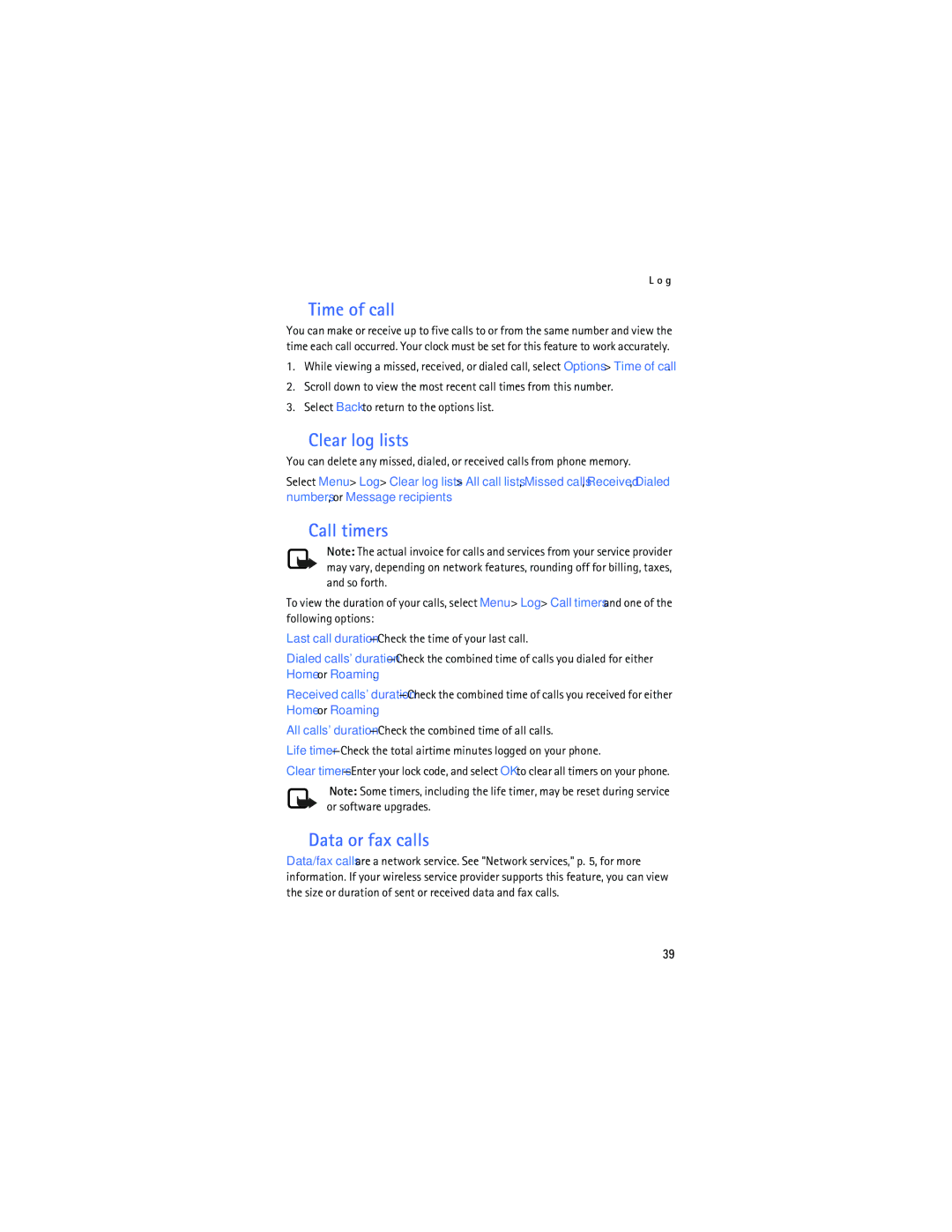 Nokia 6165 manual Time of call, Clear log lists, Call timers, Data or fax calls 