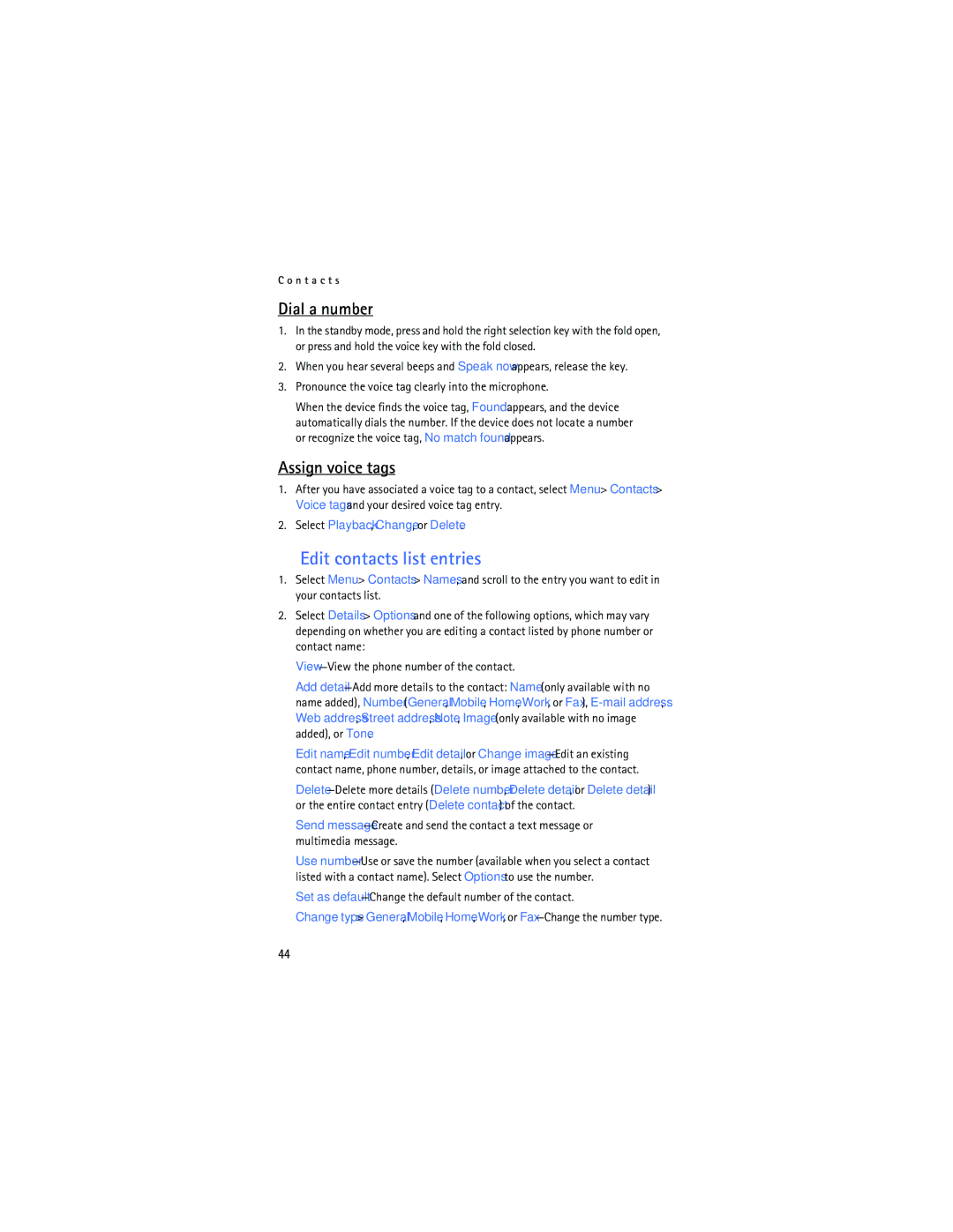 Nokia 6165 manual Edit contacts list entries, Dial a number, Assign voice tags, Select Playback, Change, or Delete 