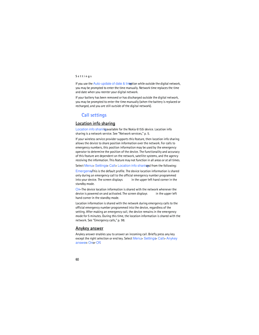 Nokia 6165 manual Call settings, Location info sharing, Anykey answer 