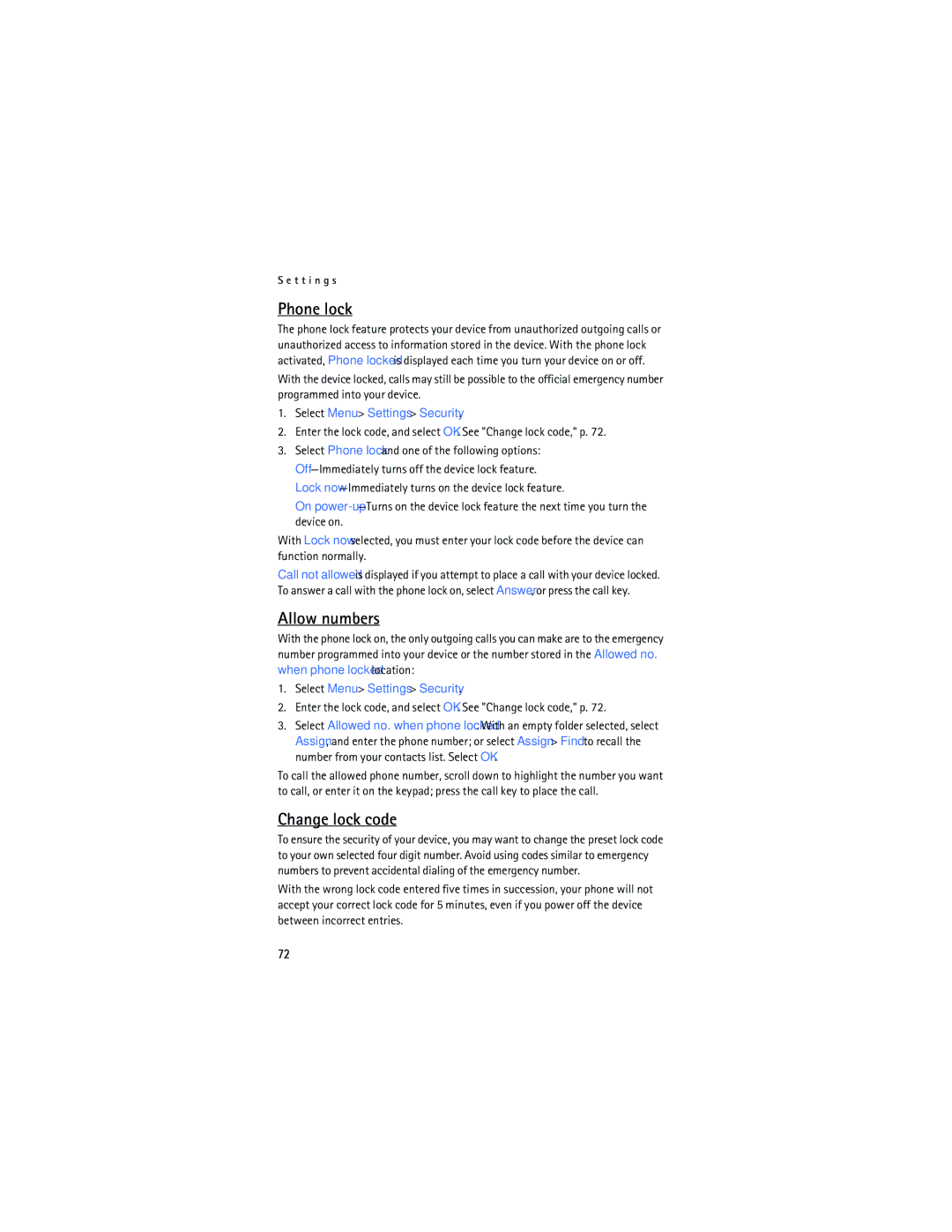 Nokia 6165 manual Phone lock, Allow numbers, Change lock code, Select Menu Settings Security 