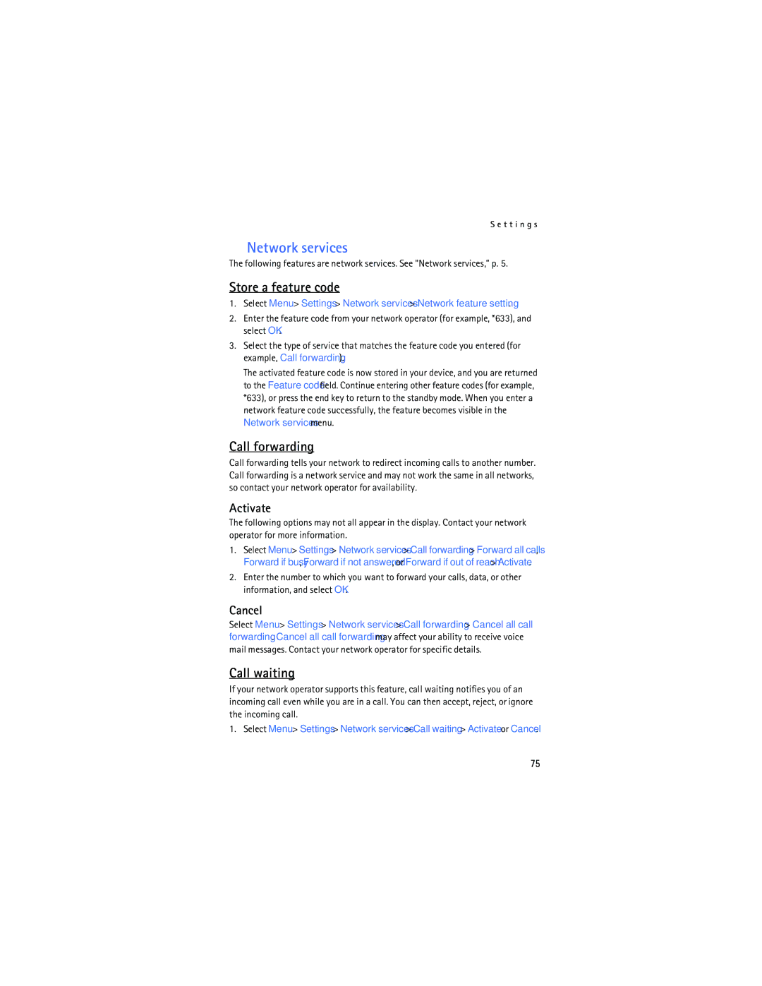 Nokia 6165 manual Store a feature code, Call forwarding, Call waiting, Activate, Cancel 