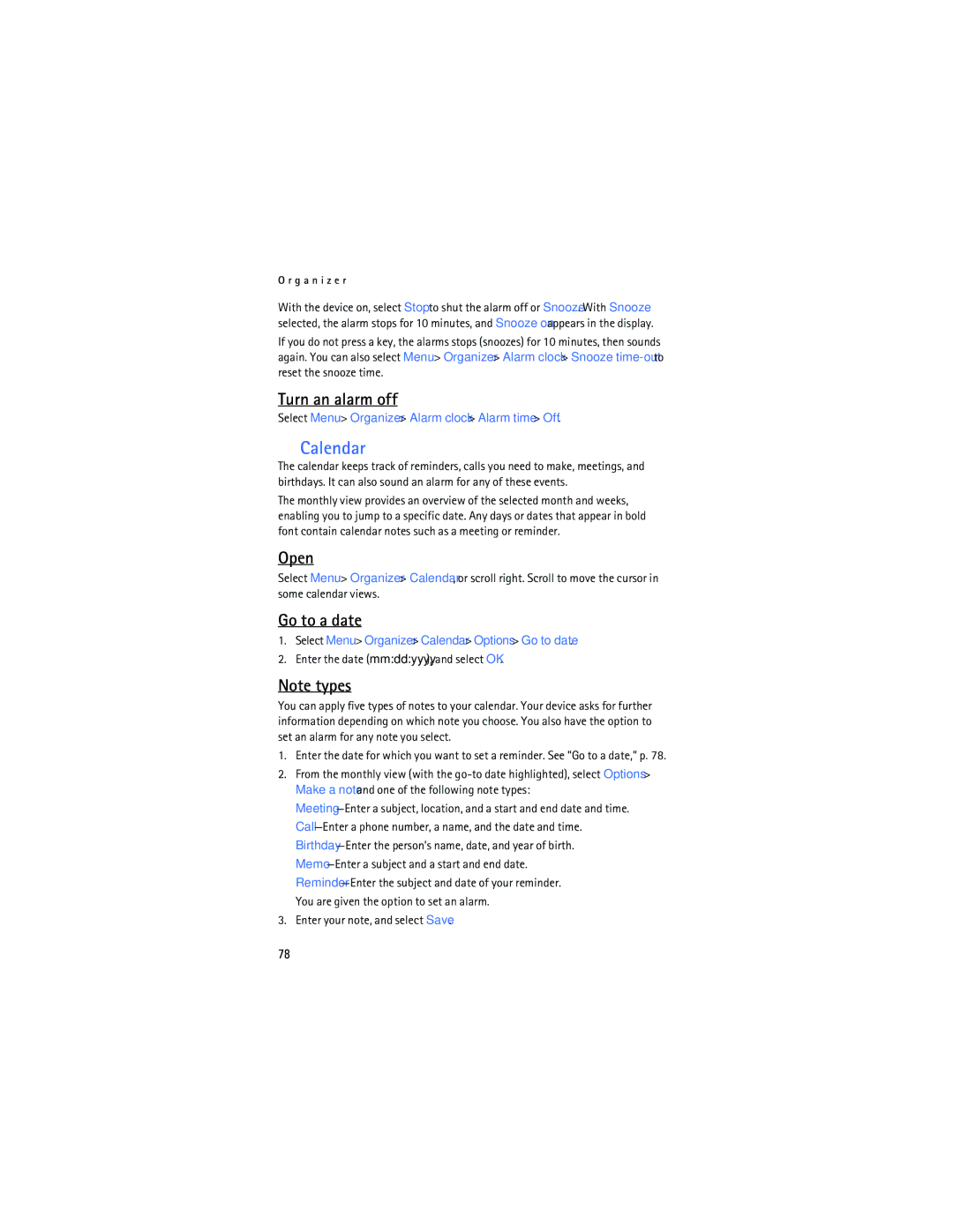 Nokia 6165 manual Calendar, Turn an alarm off, Open, Go to a date 