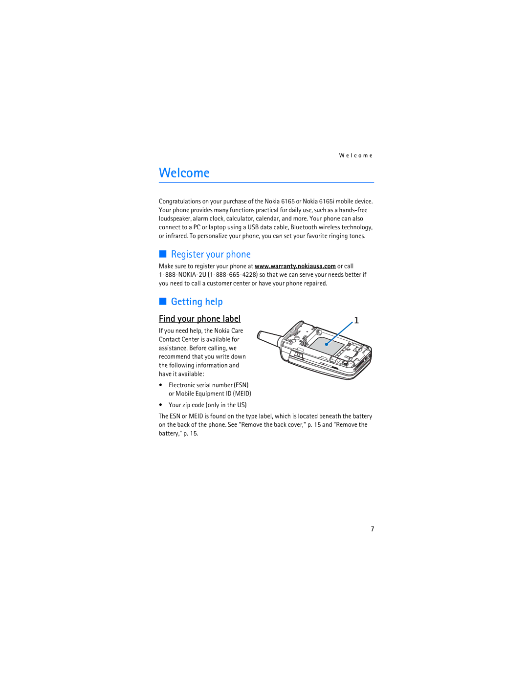 Nokia 6165 manual Welcome, Getting help, Find your phone label 