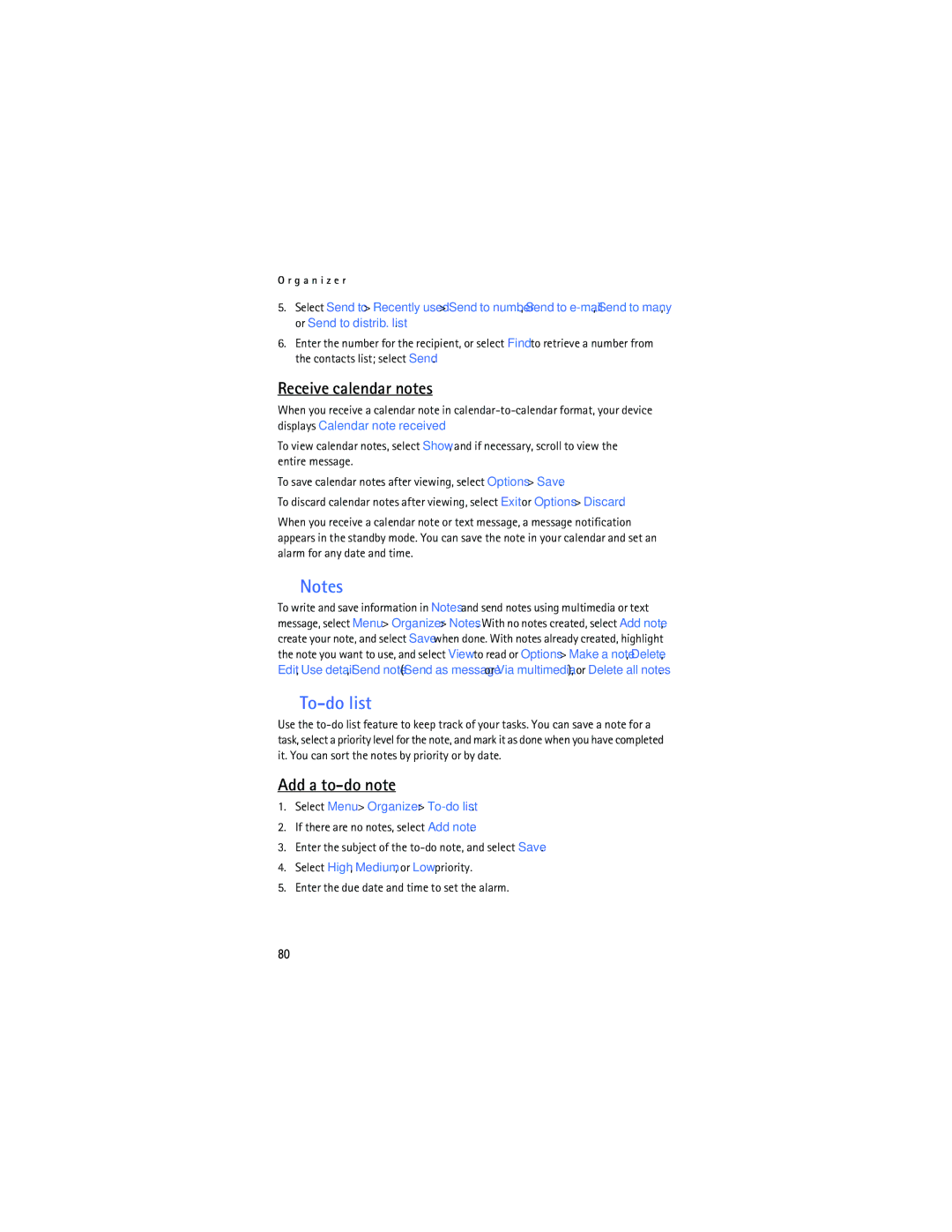 Nokia 6165 manual Receive calendar notes, Add a to-do note, Select Menu Organizer To-do list 