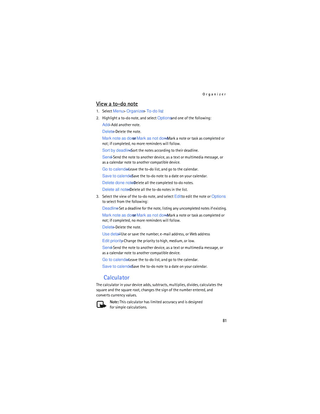 Nokia 6165 manual Calculator, View a to-do note 