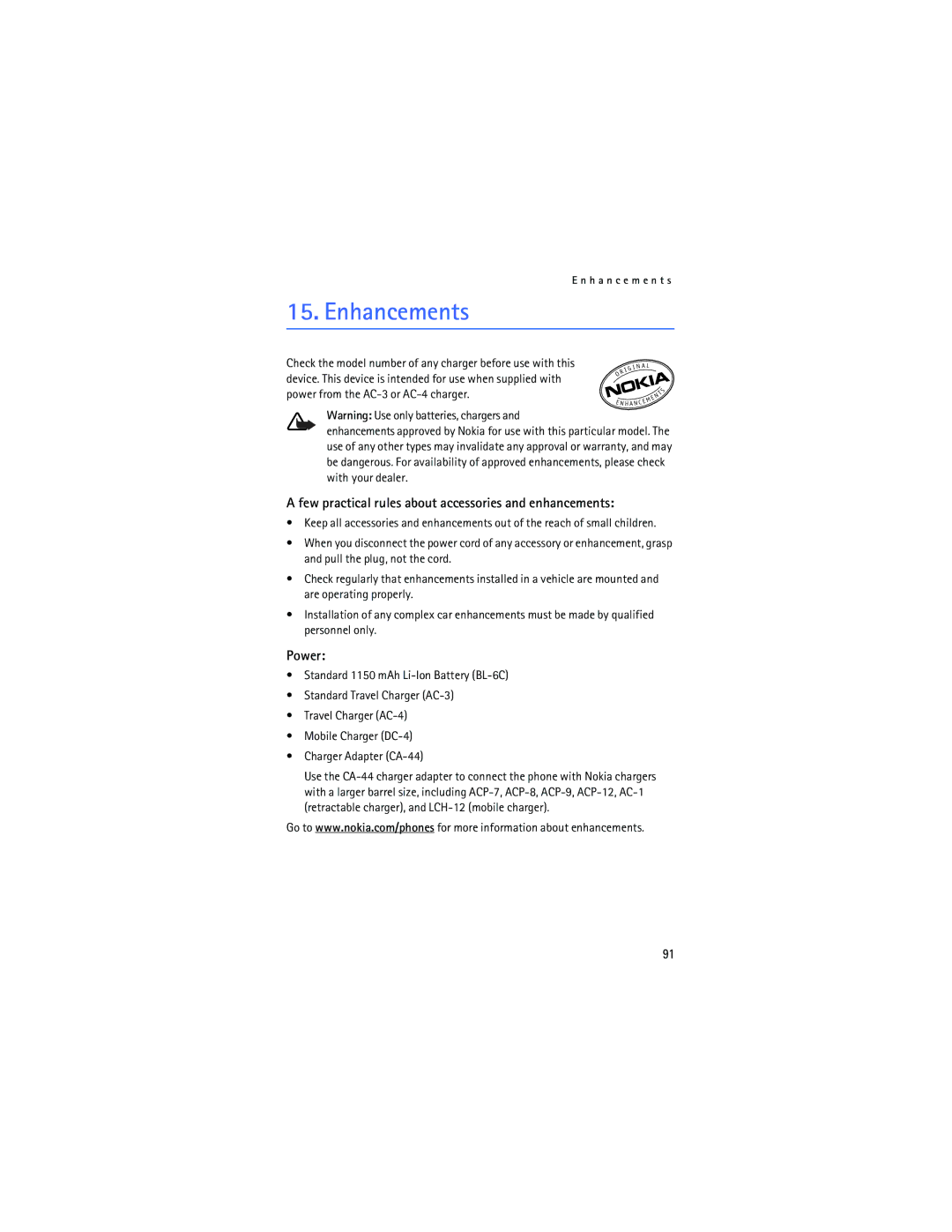 Nokia 6165 manual Enhancements, Few practical rules about accessories and enhancements, Power 